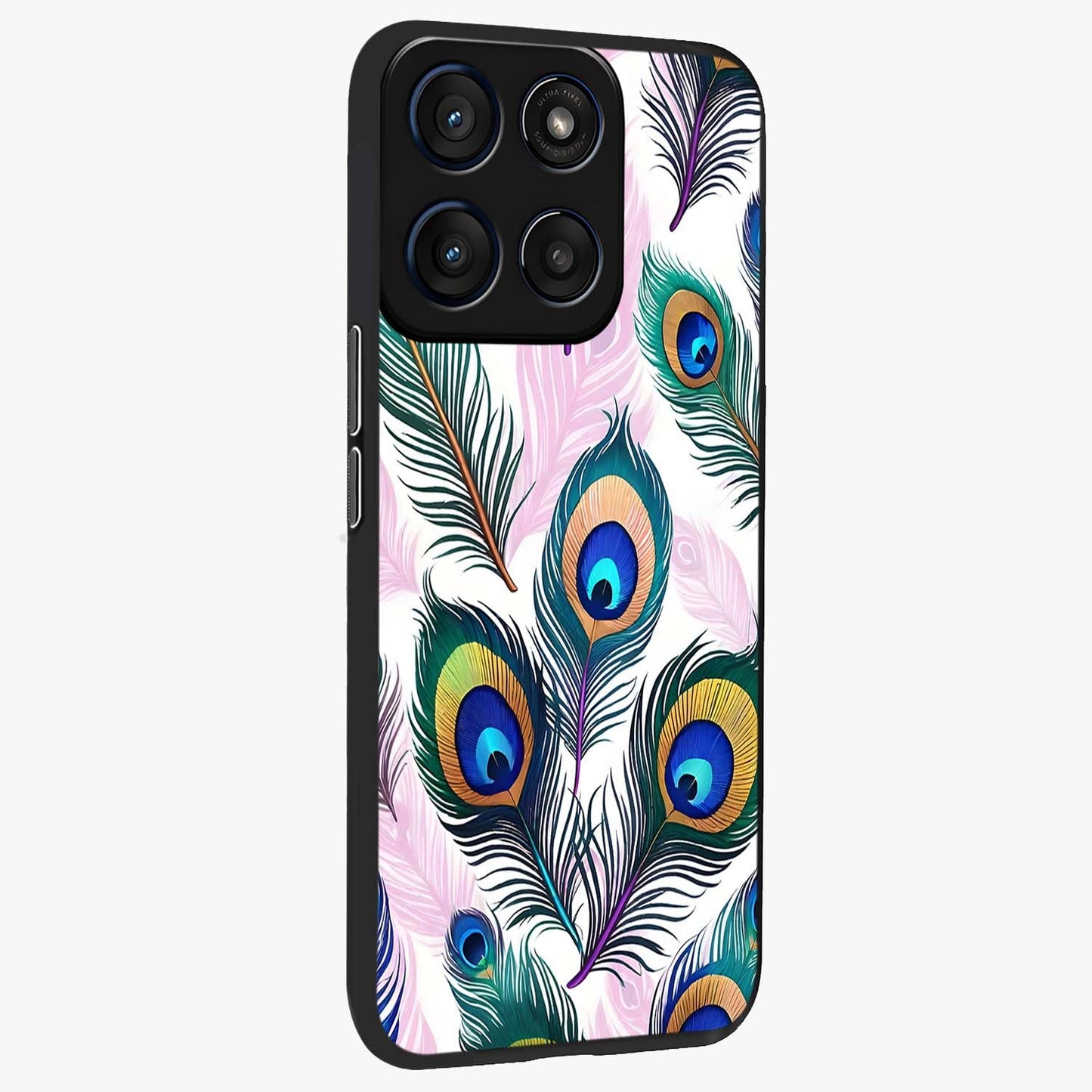 Royal Peacock Feathers Glass Case upright view showcasing elegant peacock feather artwork with decorative royal theme.