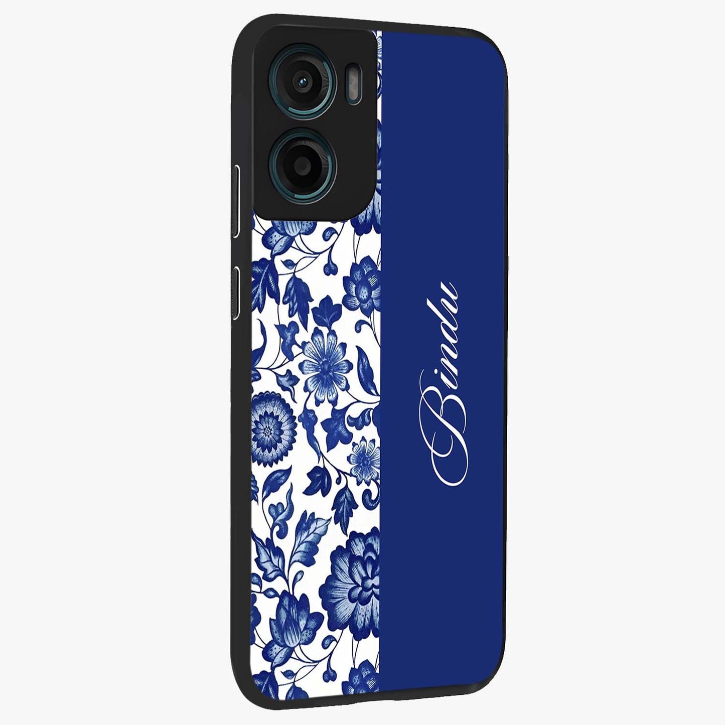 Blue Vintage Floral Pattern Glass Case upright view showcasing delicate blush floral texture with modern minimal style.