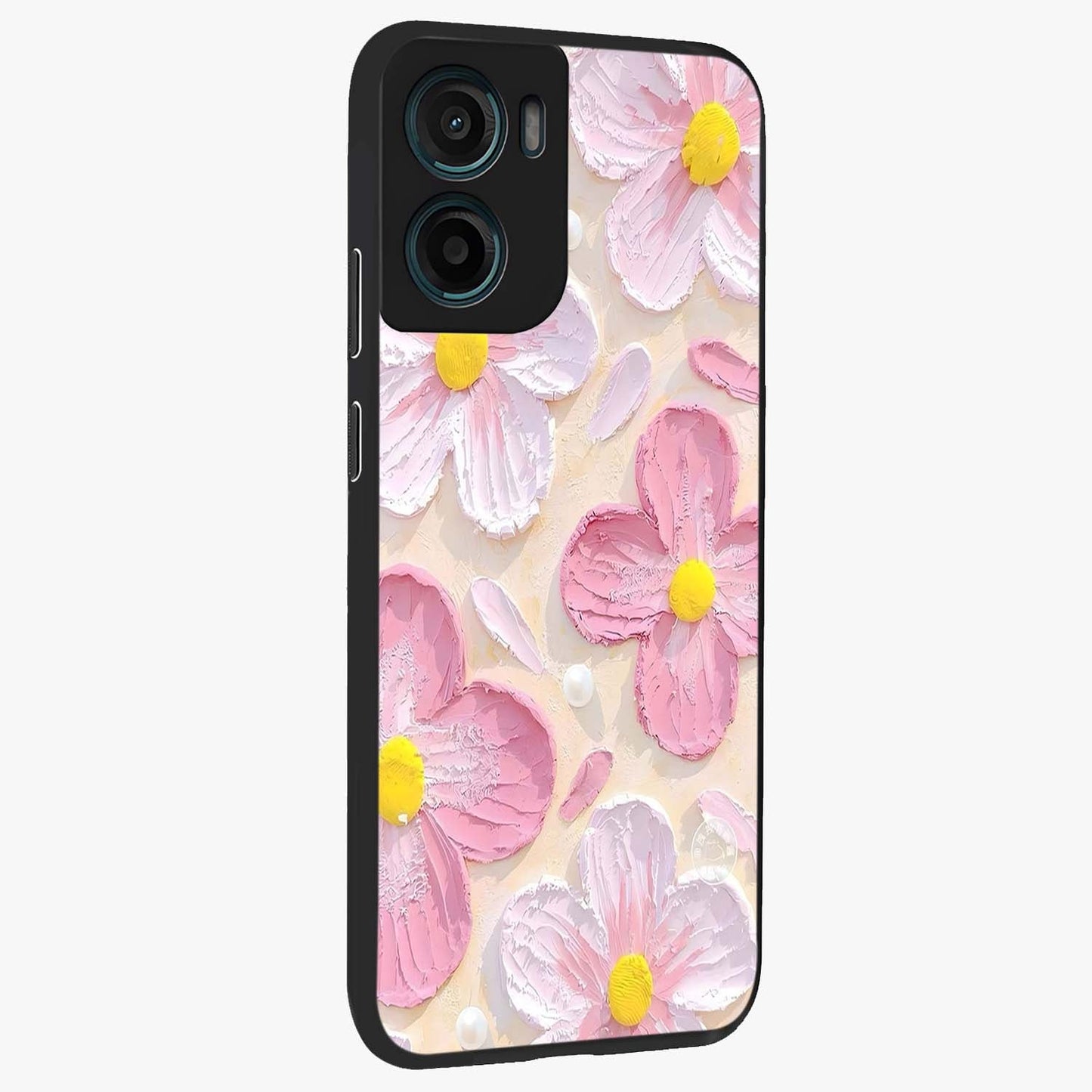 Blush Bloom Texture Glass Case upright view showcasing delicate blush floral texture with modern minimal style.