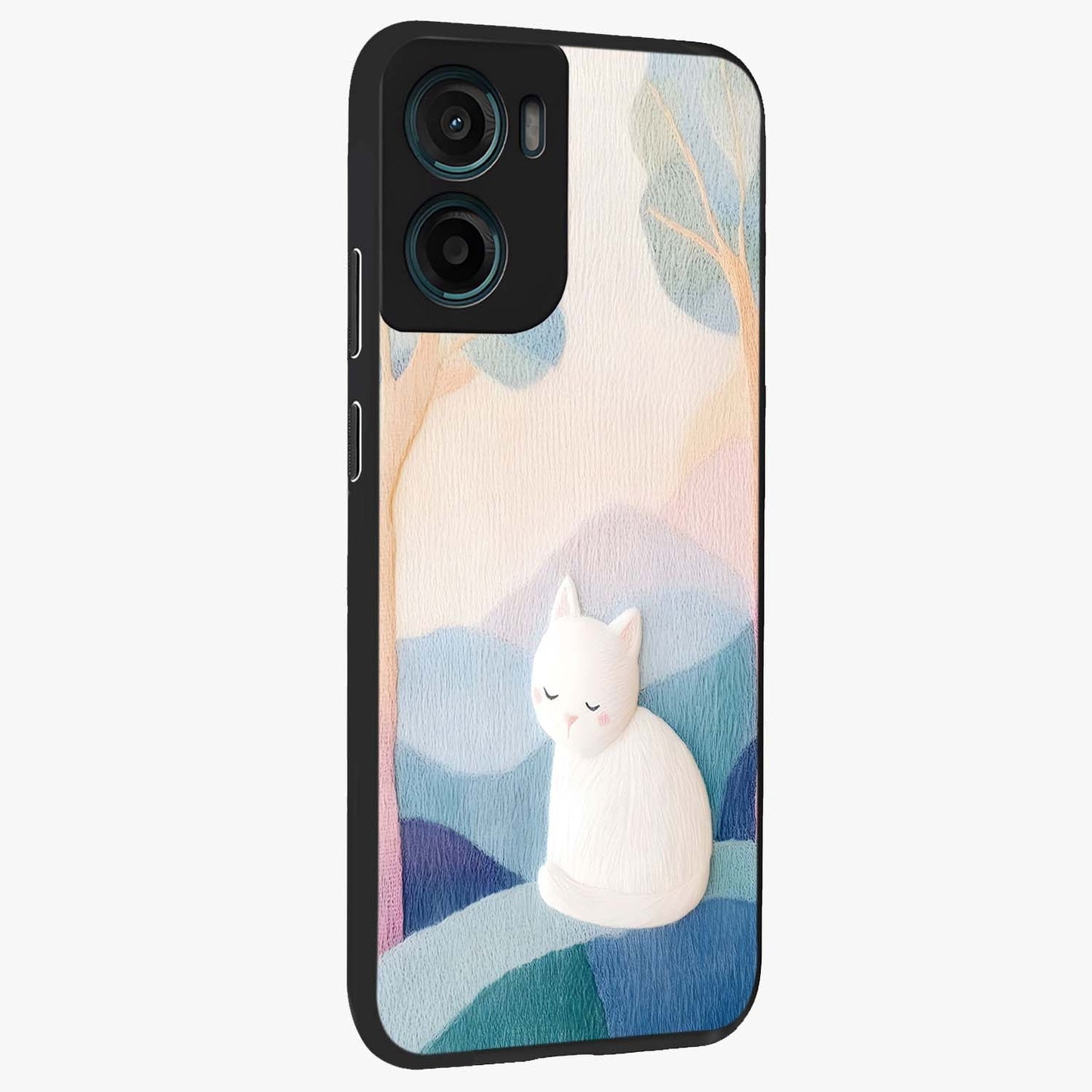 Cotton Dream Cat Glass Case upright view showcasing charming cat artwork with cozy dreamy theme.