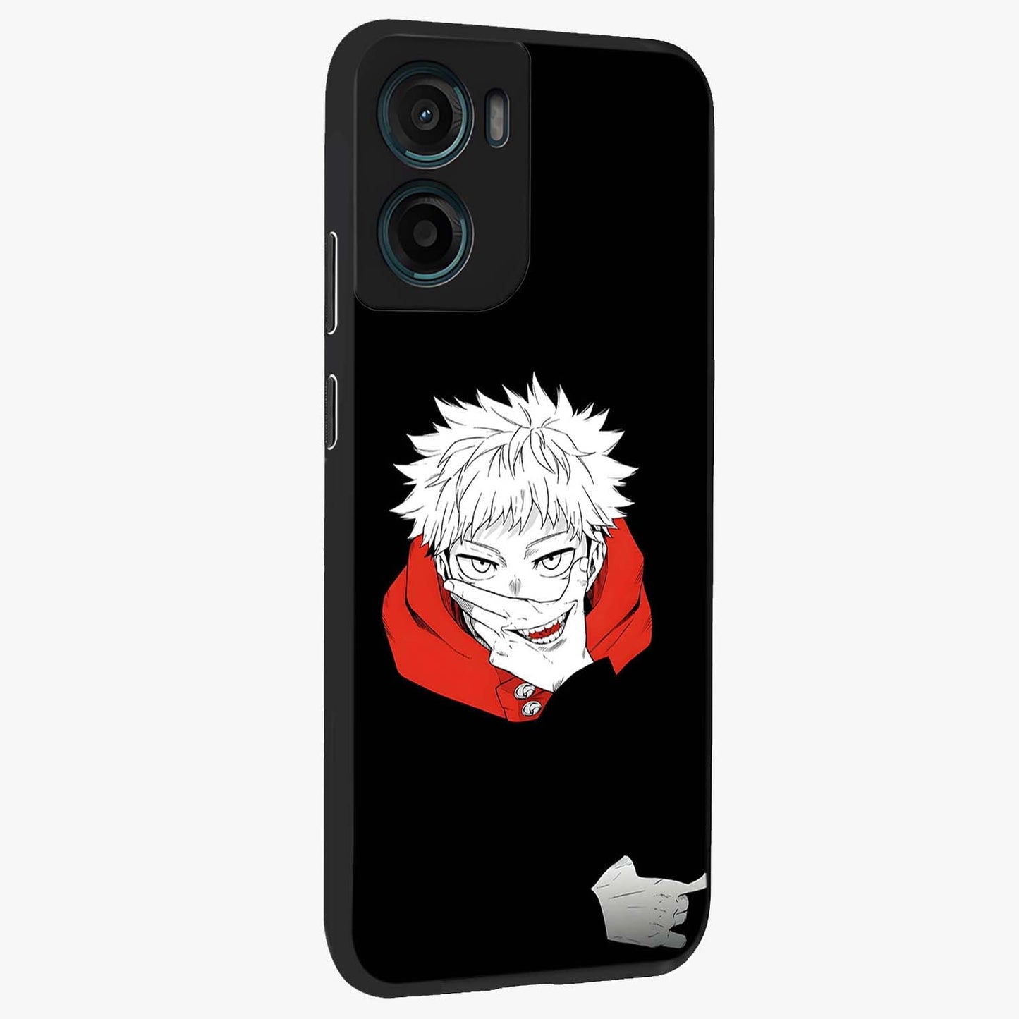Crimson Chaos Smile Glass Case upright view showcasing expressive chaotic artwork with striking visual theme.