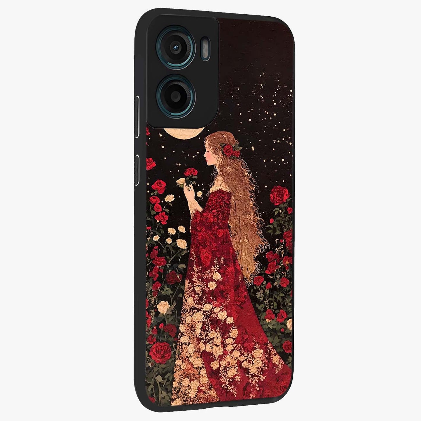 Crimson Dreams Glass Case upright view showcasing dreamy red toned artwork with modern aesthetic style.