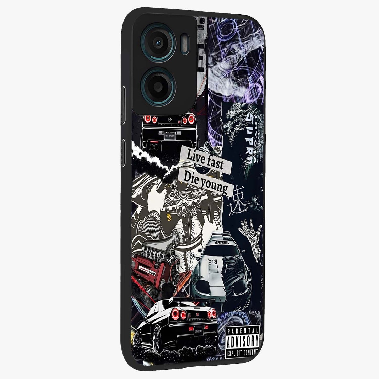 Die Young Glass Case upright view showcasing striking typography artwork with modern statement theme.