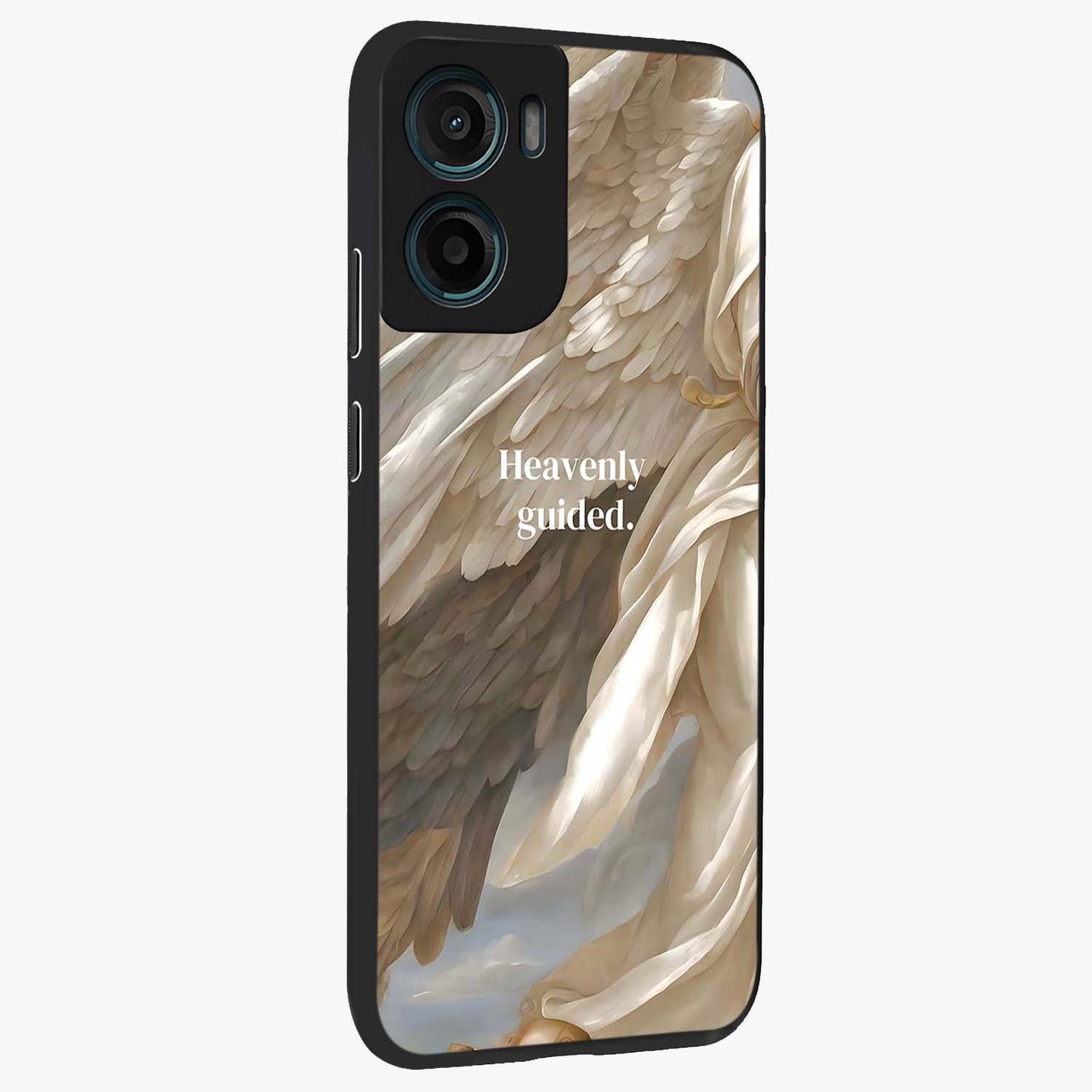 Divine Winged Grace Glass Case upright view showcasing spiritual wing artwork with soft celestial theme.