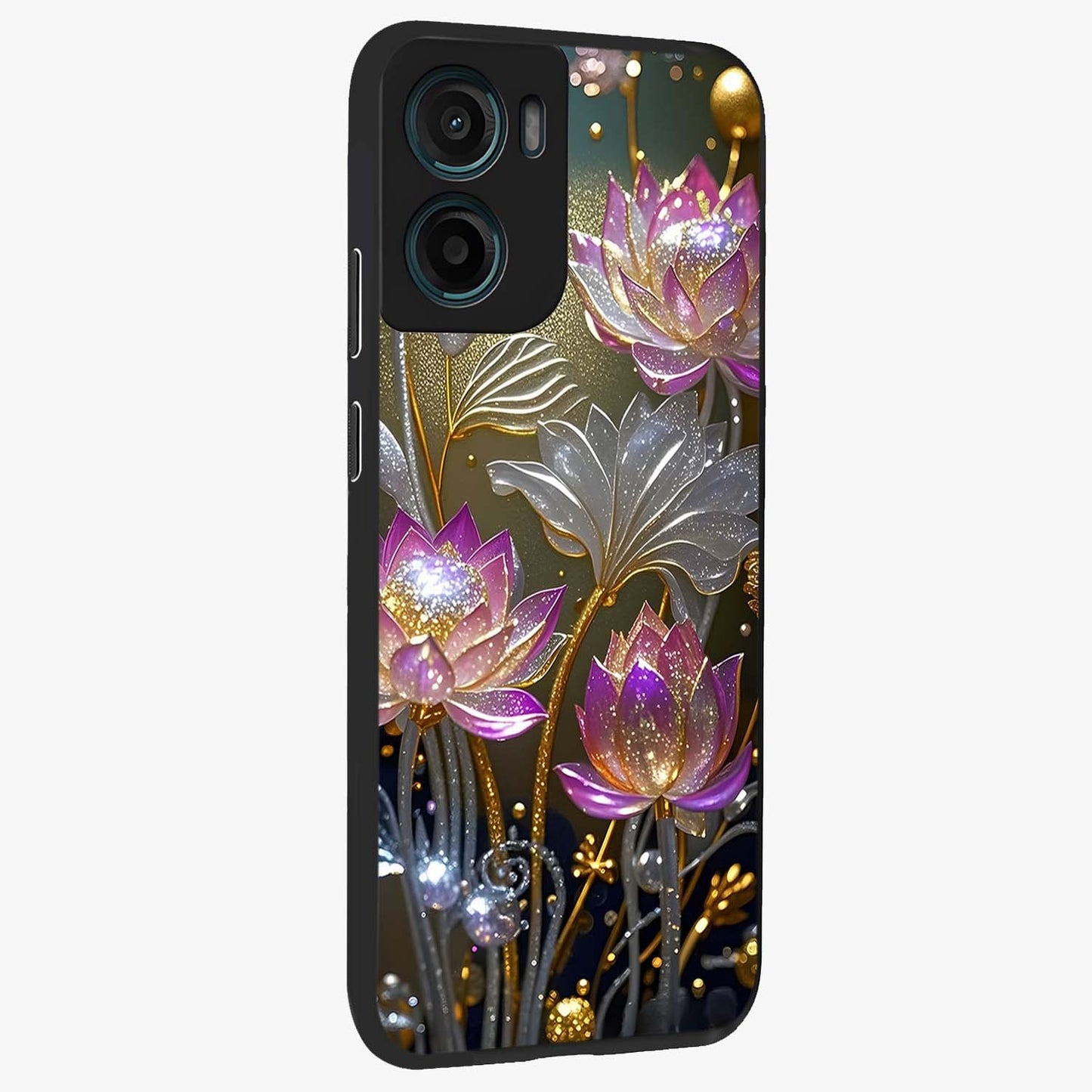 Golden Floral Majesty Glass Case upright view showcasing majestic floral artwork with rich decorative theme.