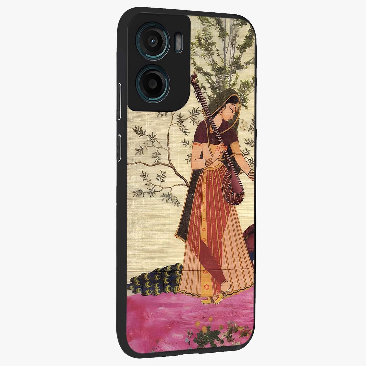 Lady With Veena Art Glass Case upright view showcasing classical veena artwork with traditional artistic theme.