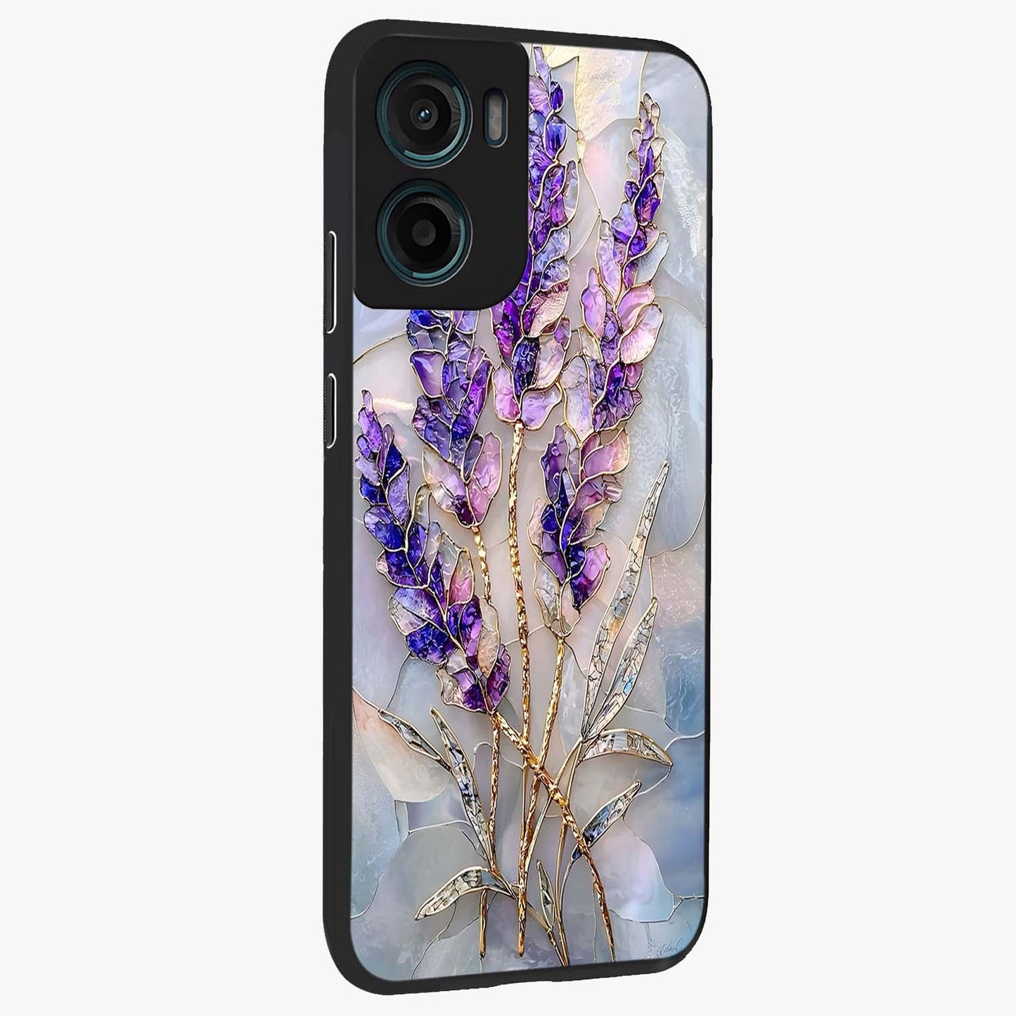 Lavender Dream Glow Glass Case upright view showcasing radiant lavender glow artwork with calming dreamy theme.