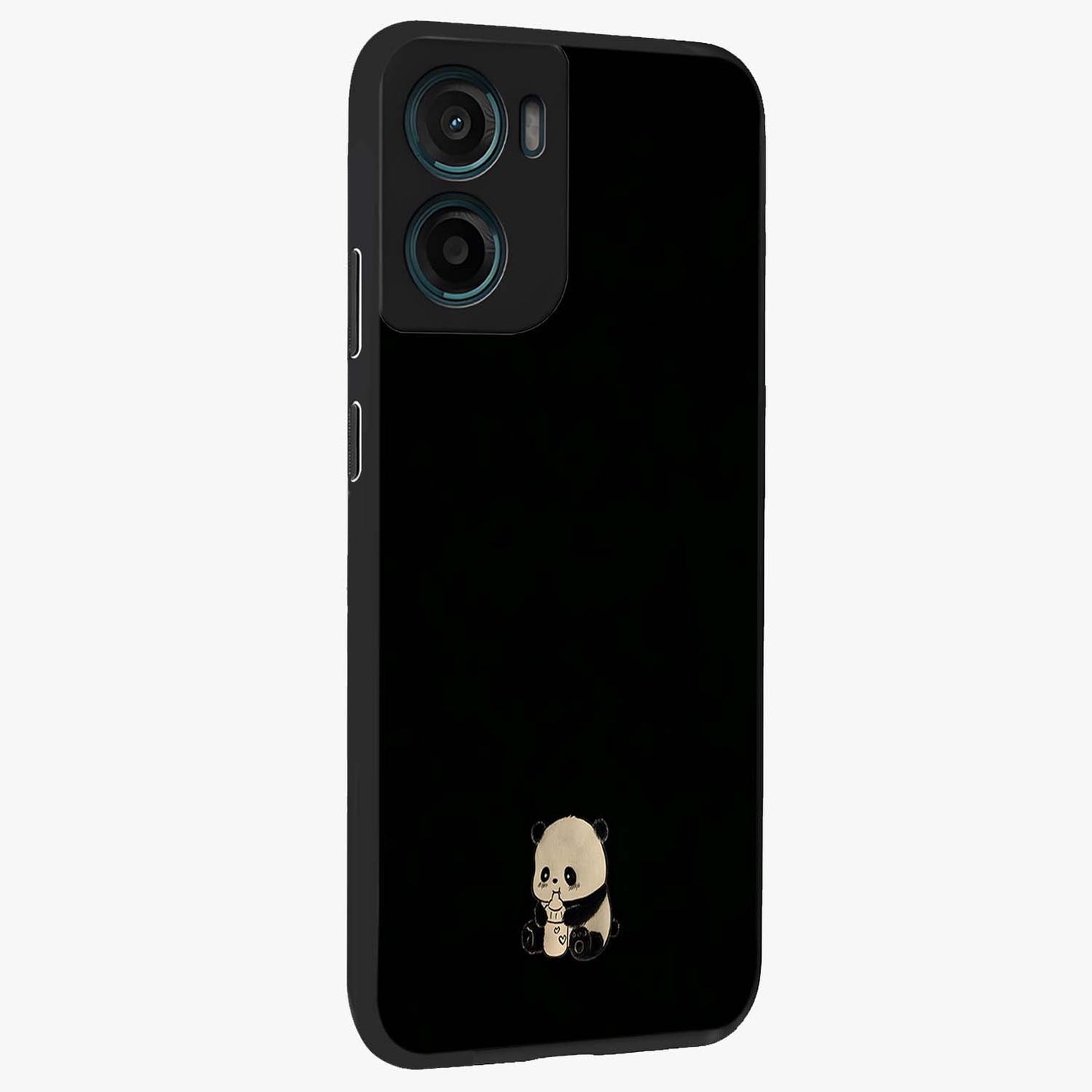 Midnight Panda Love Glass Case upright view showcasing charming panda artwork with playful romantic theme.