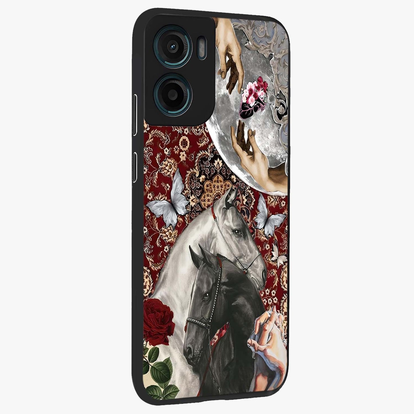 Moonlit Royal Stallion Glass Case upright view showcasing dramatic horse artwork with glowing moon themed design.