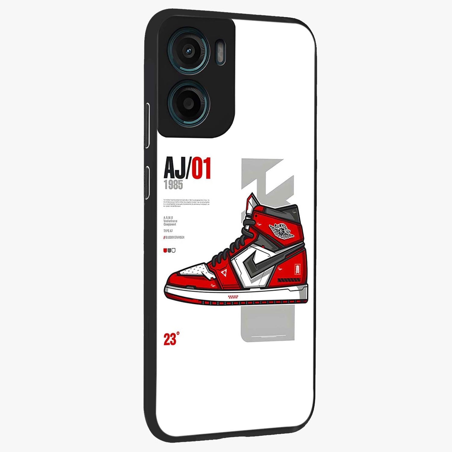 Retro Sneaker Blueprint Glass Case upright view showcasing stylish sneaker illustration with vintage streetwear theme.