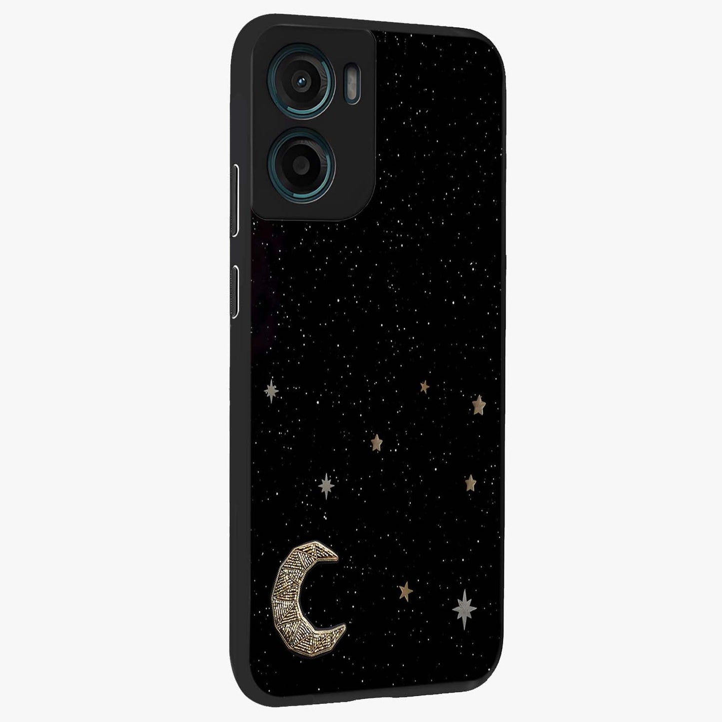 Twinkle Star With Half Moon Glass Case upright view showcasing glowing cosmic artwork with dreamy night theme.