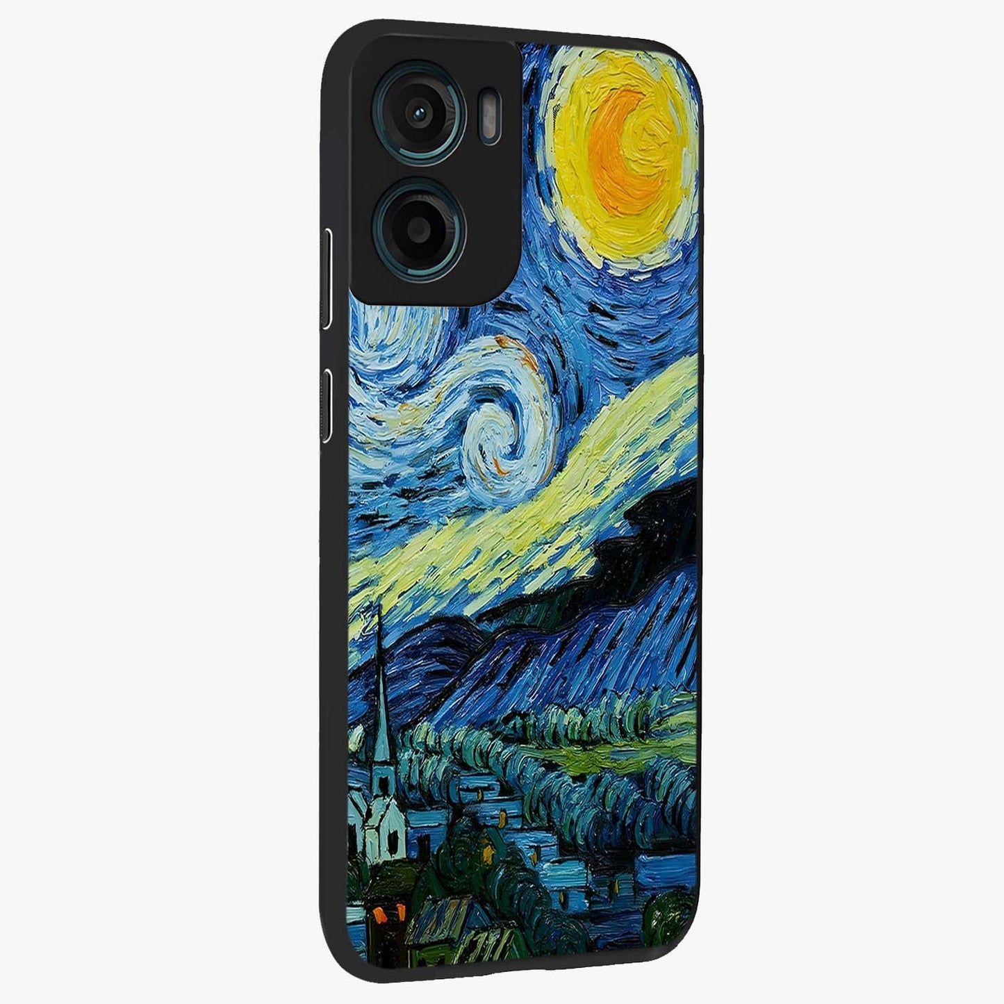 Van Gogh Art Glass Case upright view showcasing expressive painting style artwork with timeless artistic theme.
