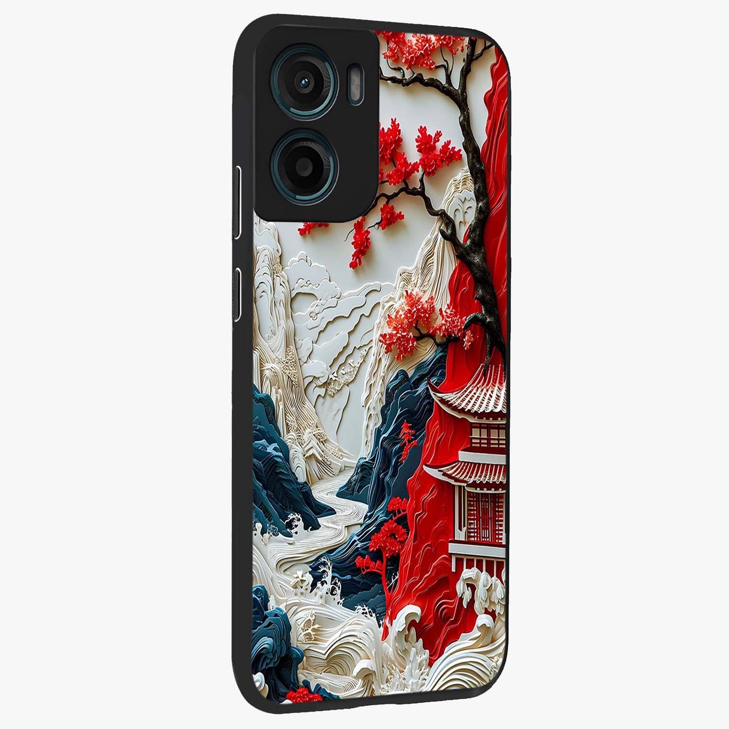 Whispers Of Sakura Waves Glass Case upright view showcasing delicate cherry blossom artwork with elegant nature theme.