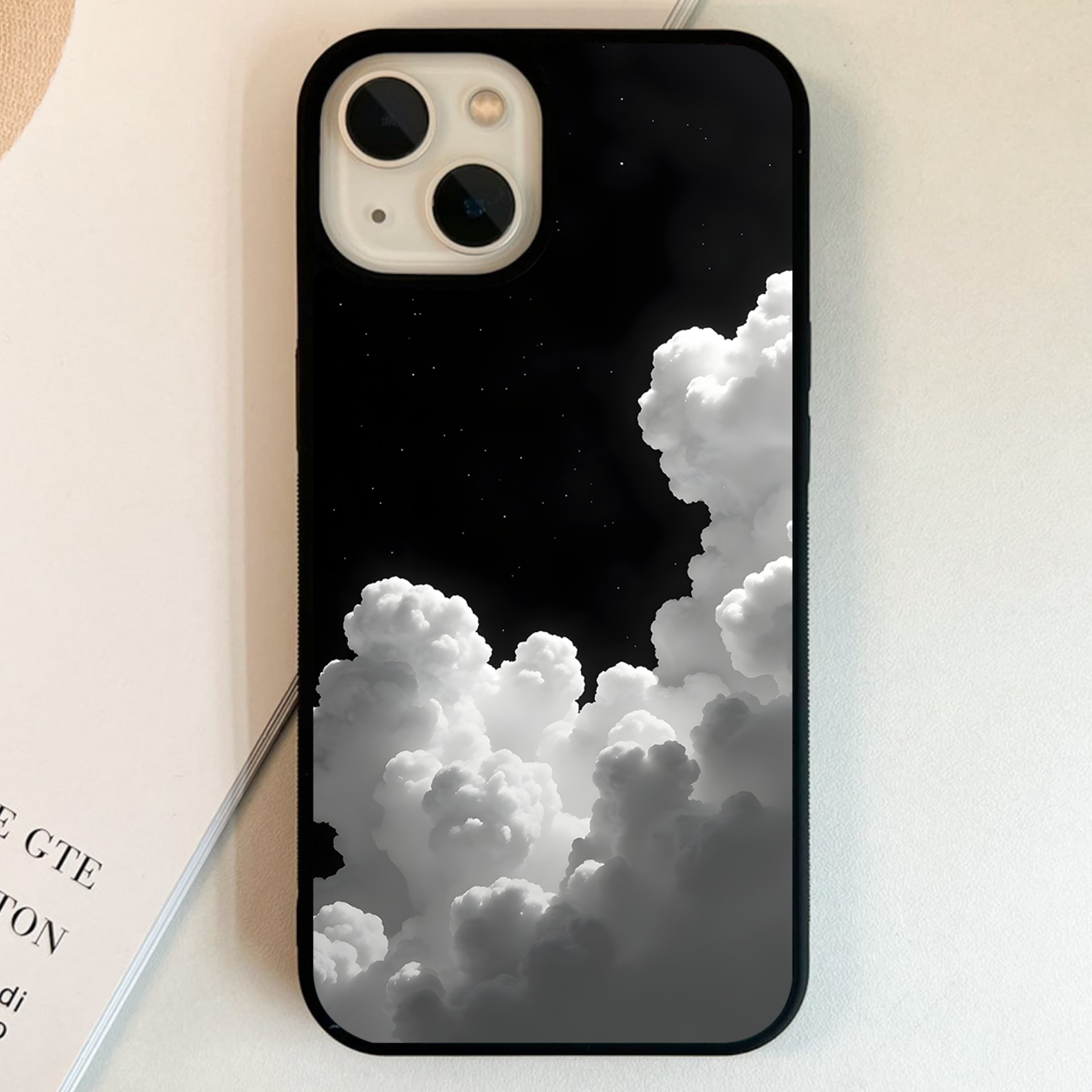 Black Background With White Cloud Glass Case – Phone Villa