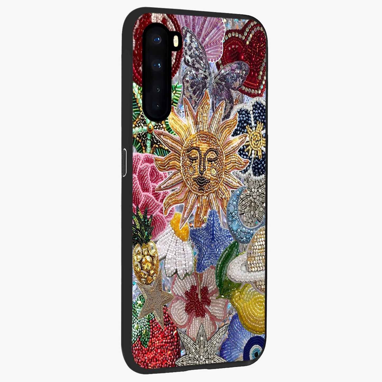 Celestial Floral and Playful Glass Case upright view showcasing whimsical floral artwork with cosmic aesthetic theme.