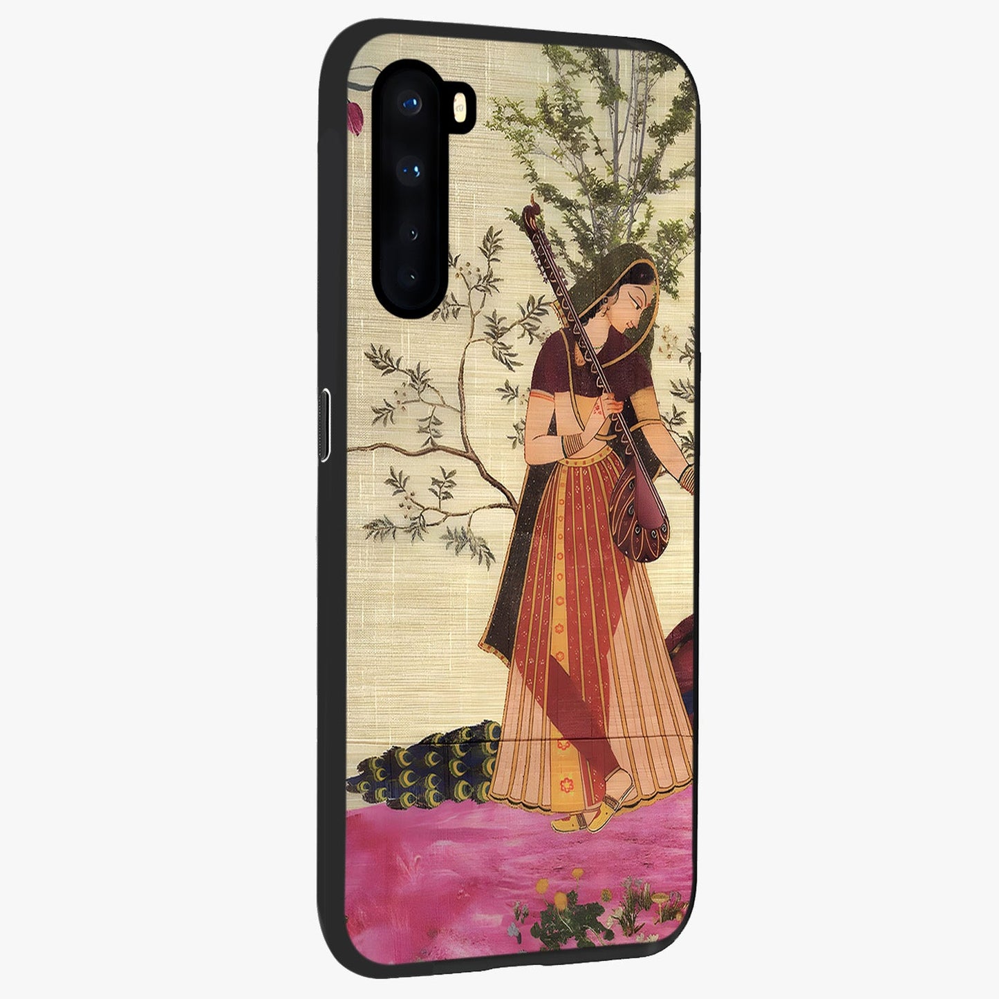 Lady With Veena Art Glass Case upright view showcasing classical veena artwork with traditional artistic theme.
