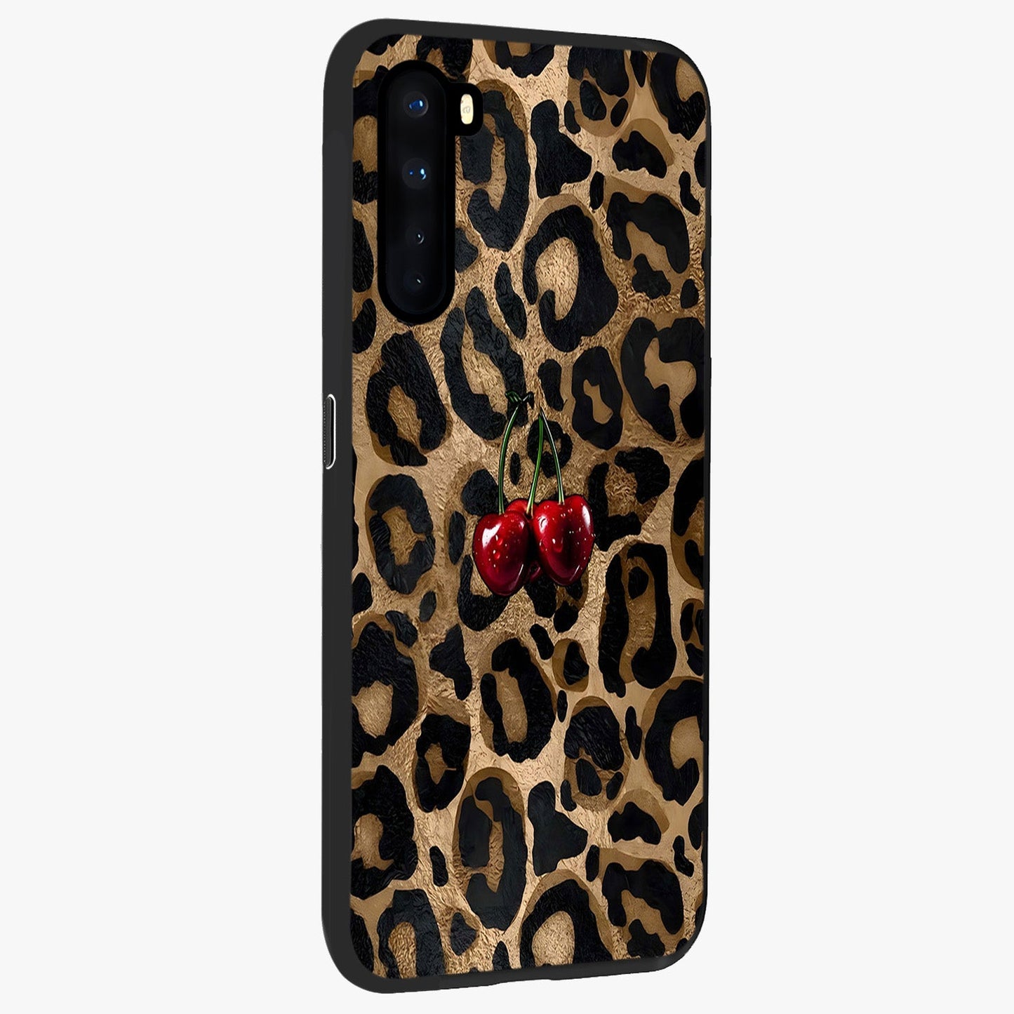 Leopard Wild Cherry Glass Case upright view showcasing stylish leopard pattern artwork with trendy fashion theme.