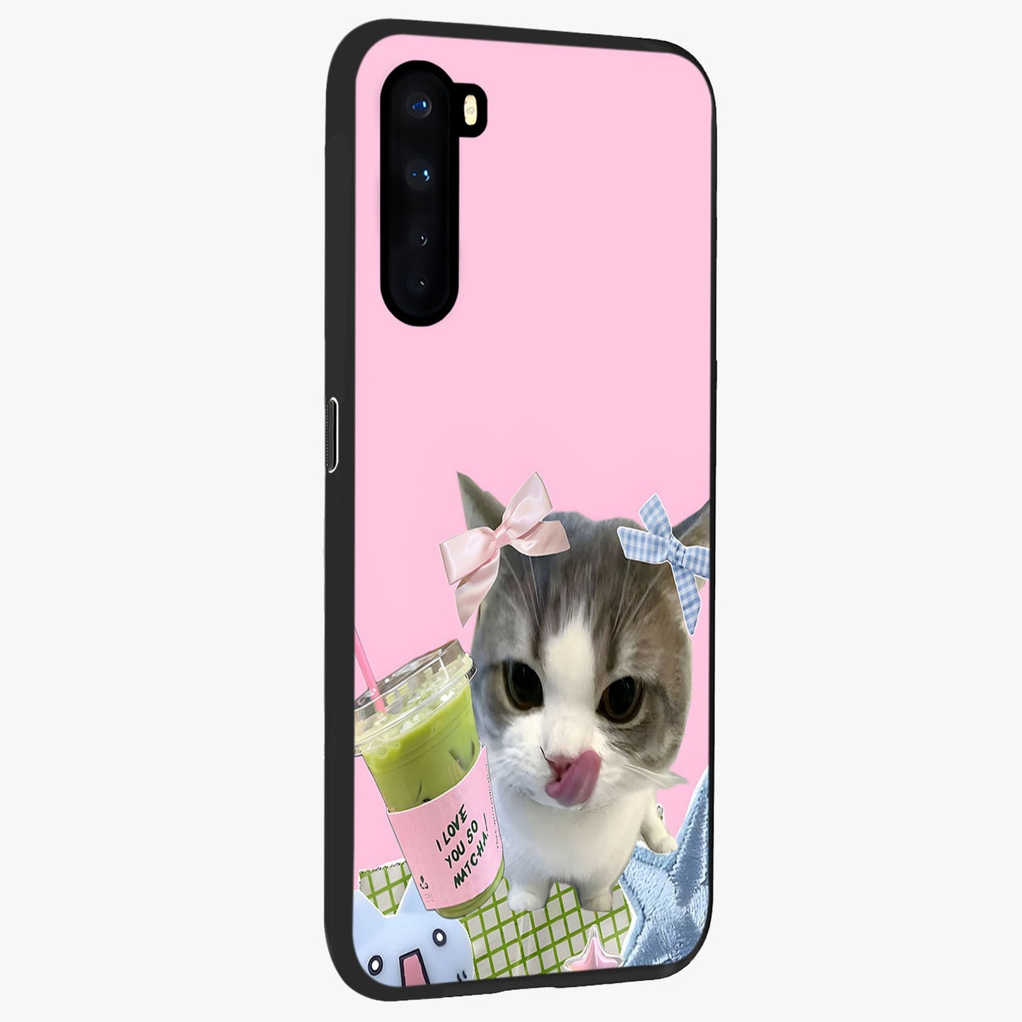 Love Matcha Cat Glass Case upright view showcasing adorable cat artwork with charming matcha themed design.