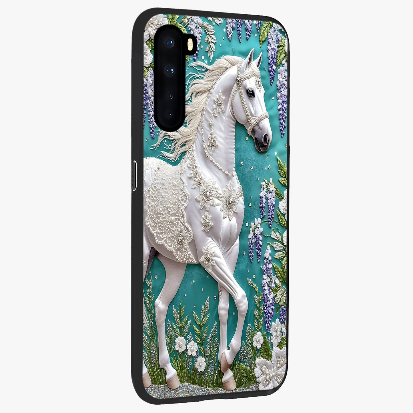 Majestic Floral Stallion Glass Case upright view showcasing dramatic horse artwork with decorative floral theme.