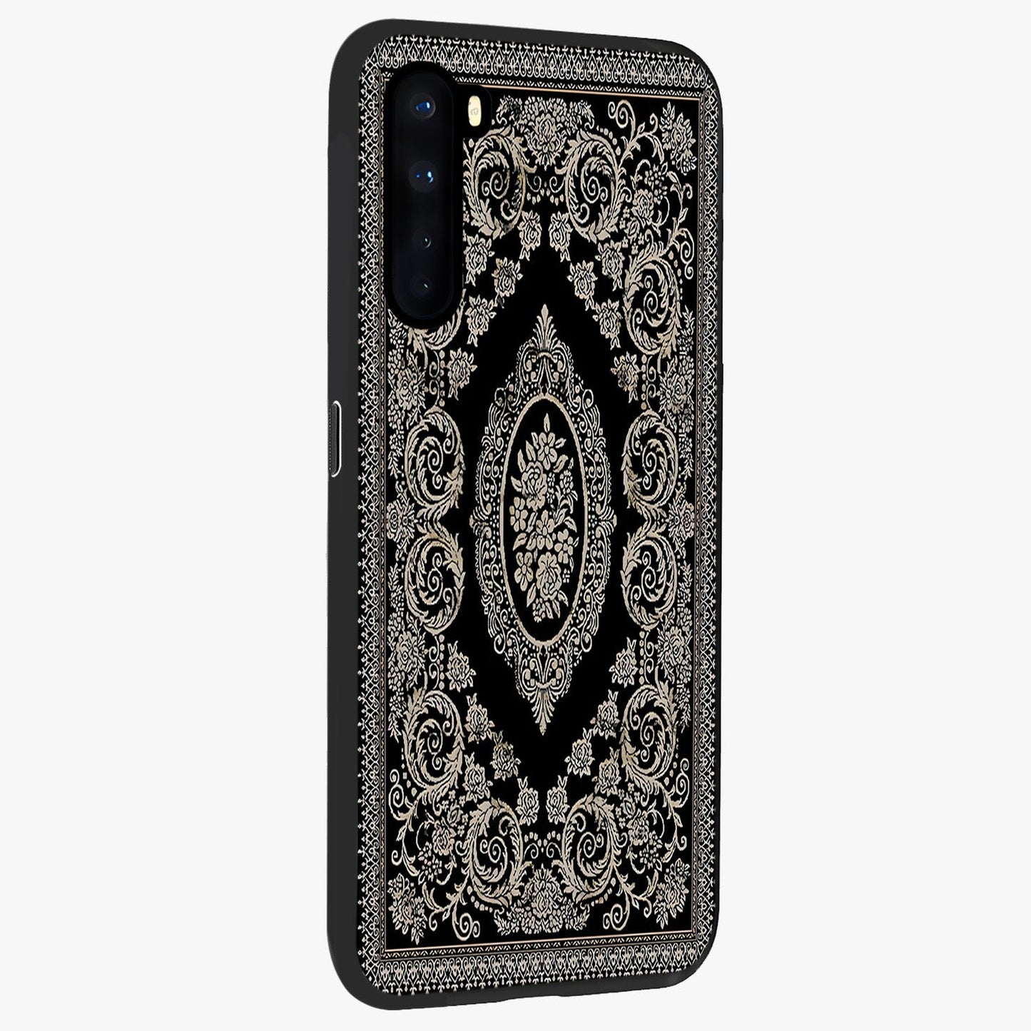 Noir Bloom Elegance Glass Case upright view showcasing graceful floral artwork with luxurious dark theme.