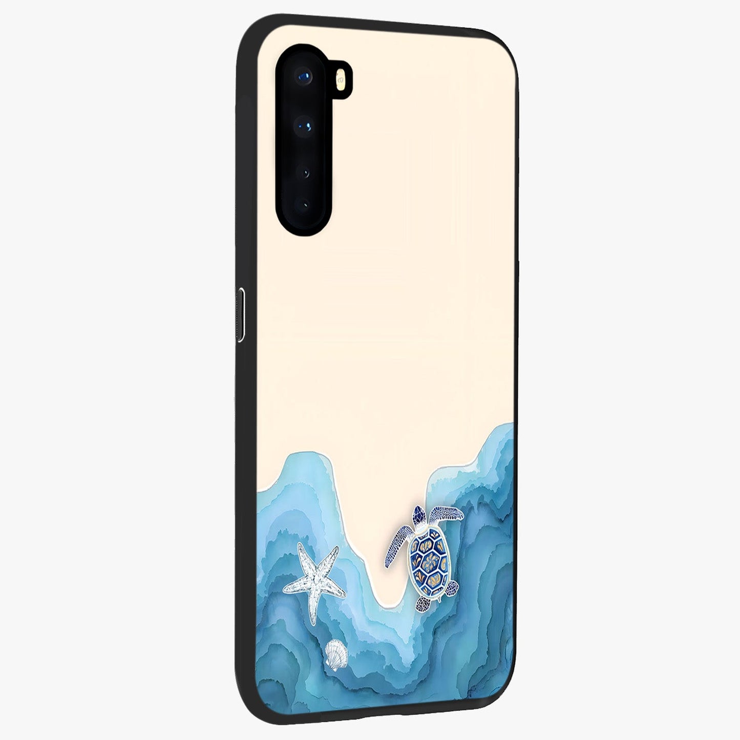 Ocean Drift Turtle Glass Case upright view showcasing calm underwater turtle artwork with nature inspired theme.