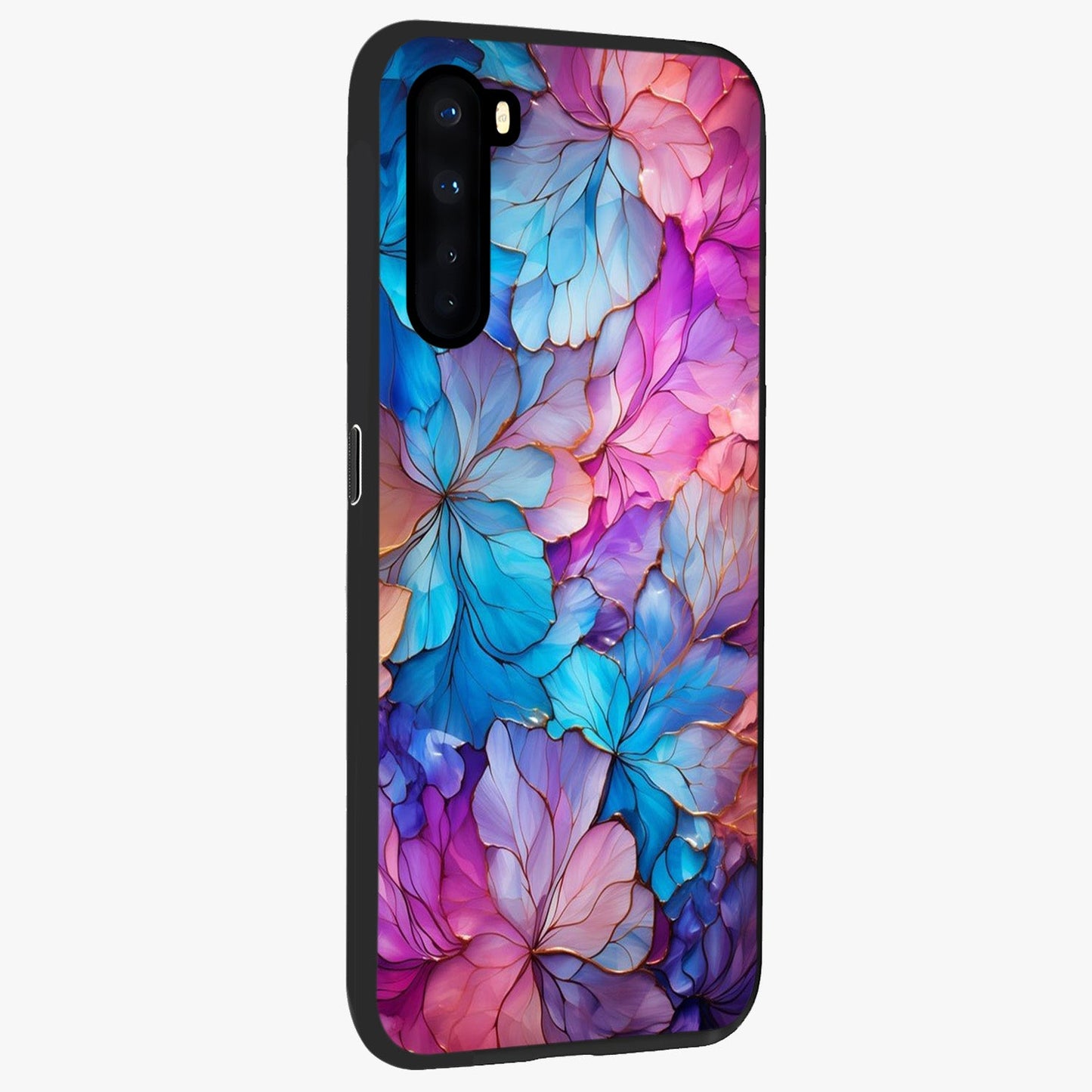 Radiant Floral Whirl Glass Case upright view showcasing lively floral artwork with decorative swirl theme.