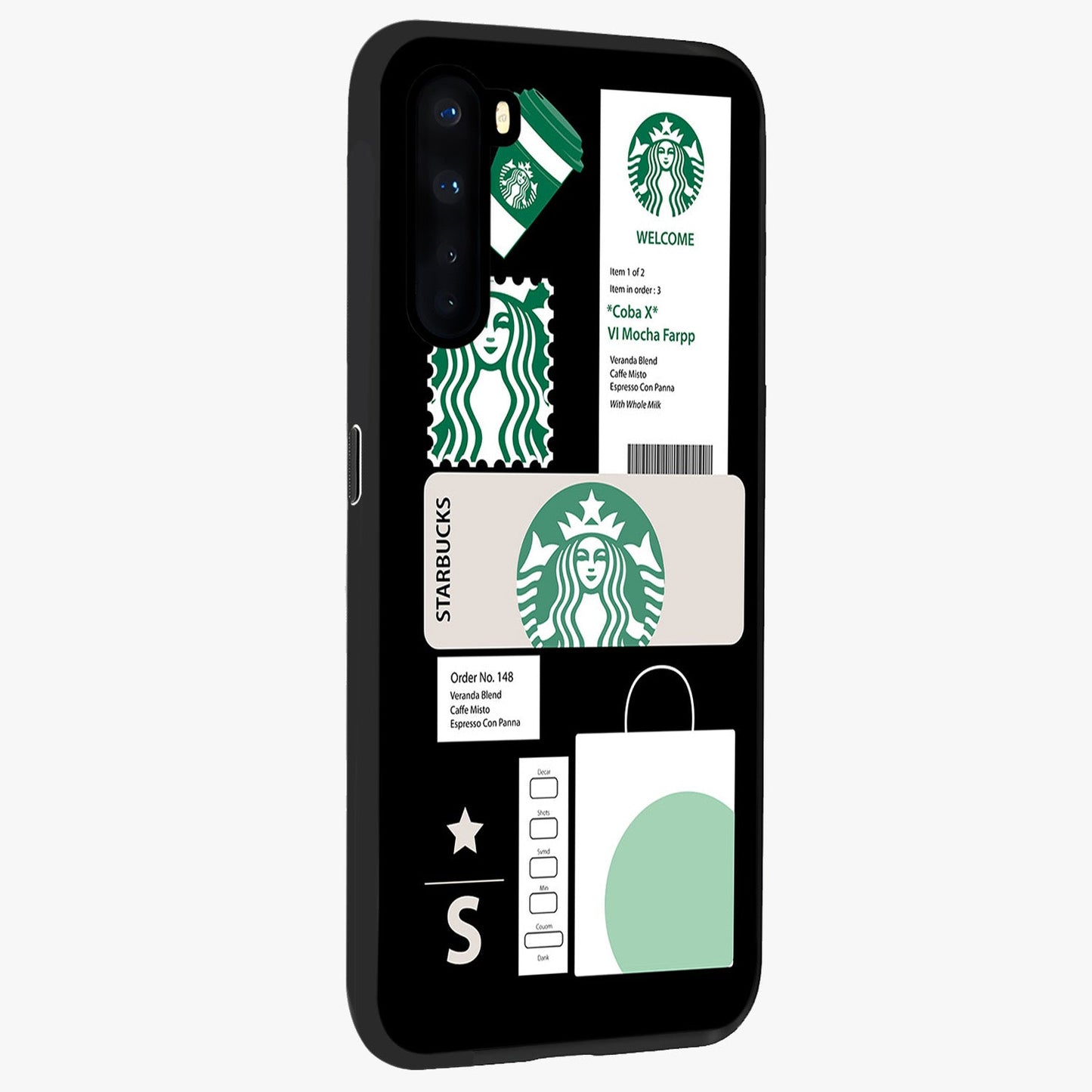 Starbucks Mocha Glass Case upright view showcasing trendy coffee inspired artwork with modern lifestyle theme.