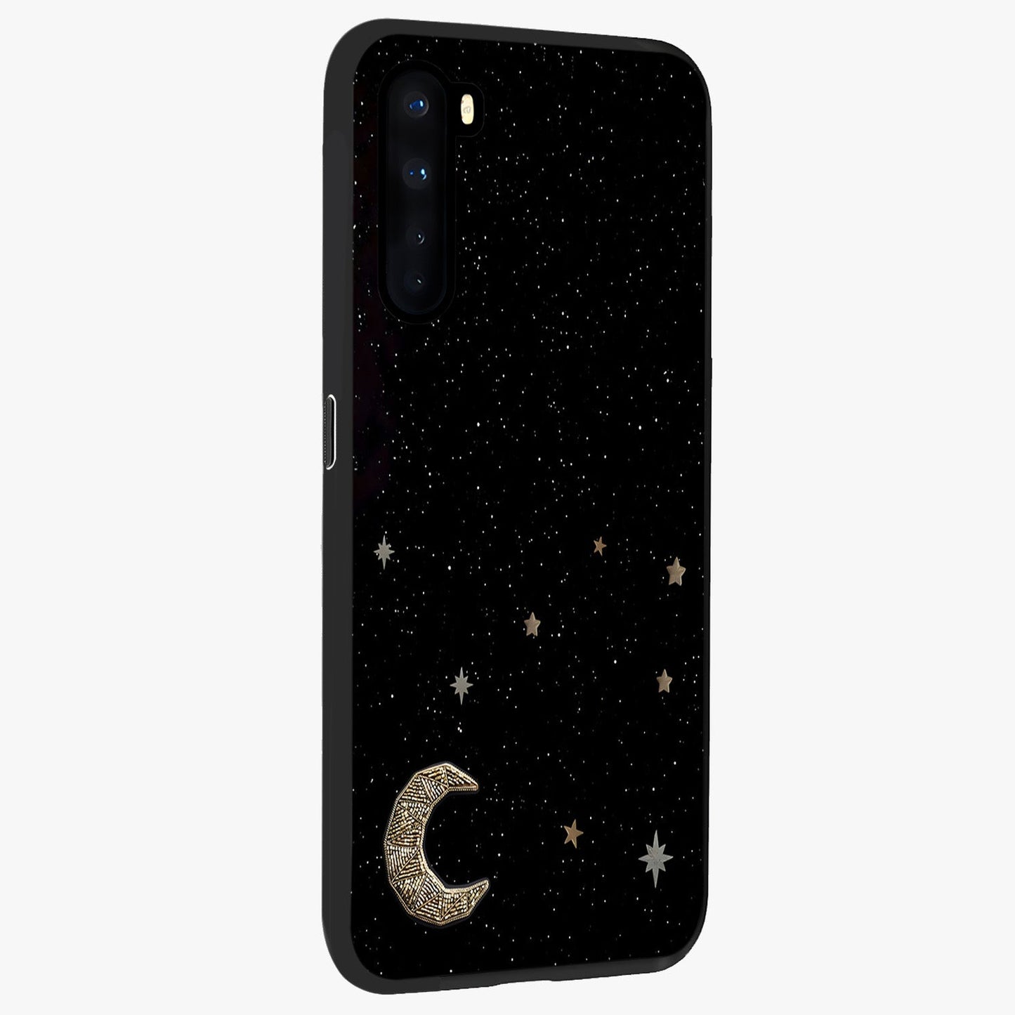 Twinkle Star With Half Moon Glass Case upright view showcasing glowing cosmic artwork with dreamy night theme.
