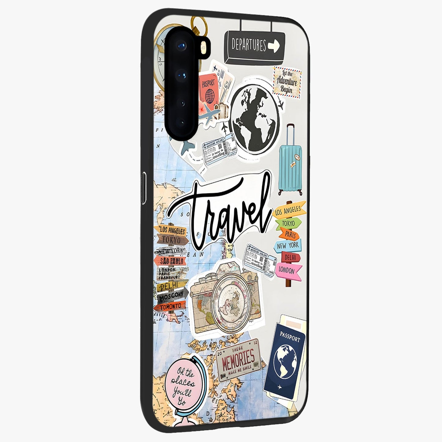 Wanderlust Journal Glass Case upright view showcasing wanderlust inspired artwork with creative exploration theme.