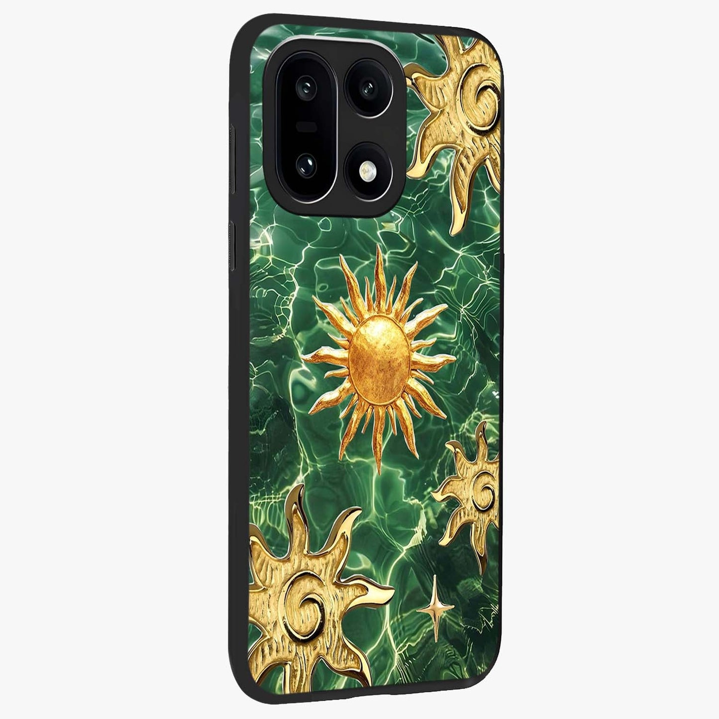 Aqua Sun Mirage Glass Case for 1+15 side perspective highlighting bold mirage style design details