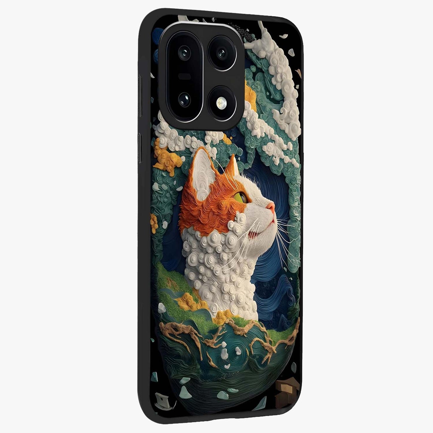 Aurora Cat Dreams Glass Case for 1+15 side perspective highlighting detailed feline illustration and smooth edges