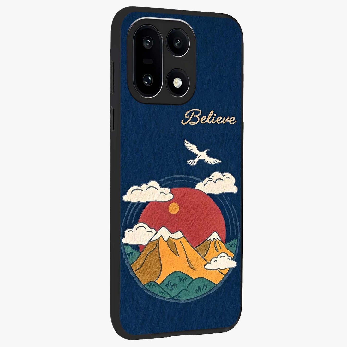 Believe Sky Escape Glass Case for 1+15 side perspective highlighting motivational typography and smooth edges