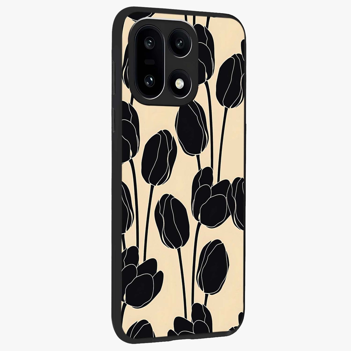 Black Designer Tulip Glass Case for 1+15 side perspective highlighting bold contrast and stylish tulip illustration