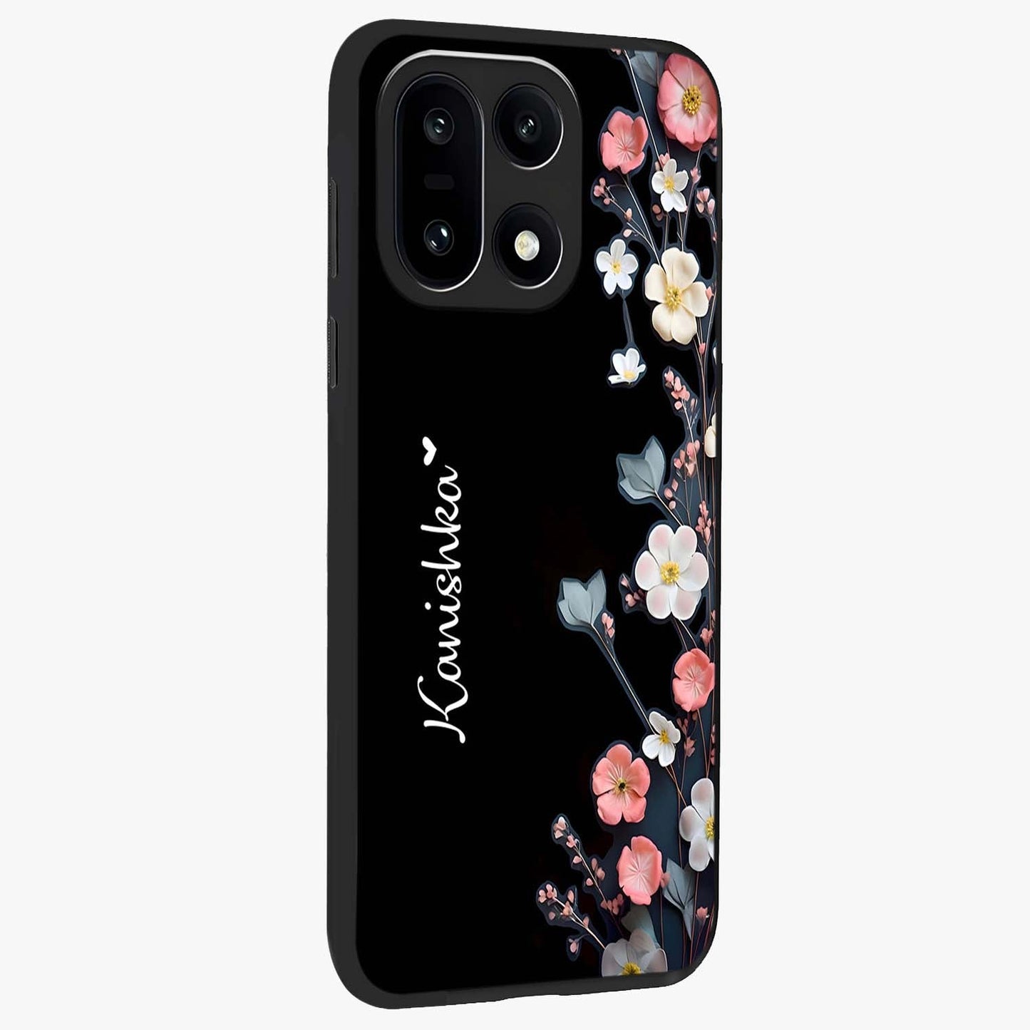 Black Elegance Floral Custom Name Glass Case for 1+15 side perspective highlighting elegant floral detailing and premium edges