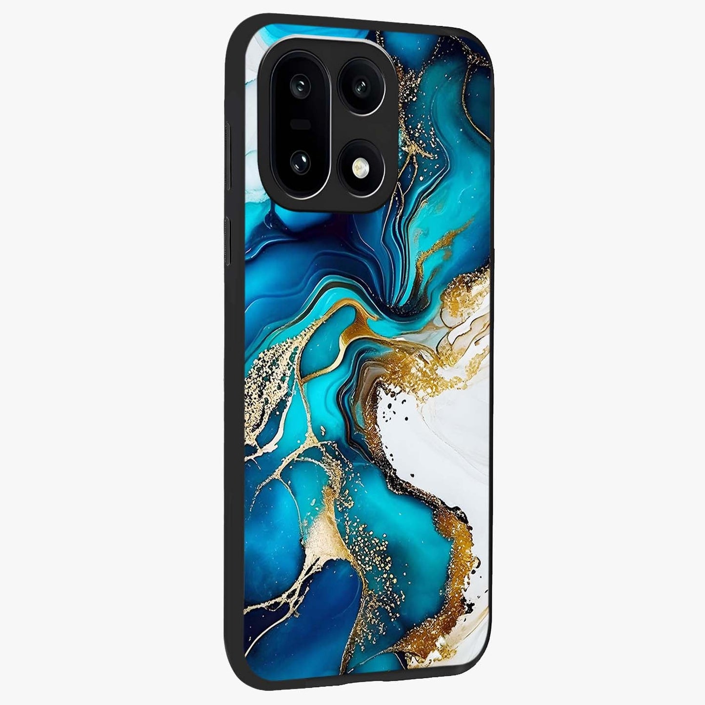 Blue and White Marble With Golden Viens Art Glass Case for 1+15 side perspective highlighting rich marble textures and elegant gold accents