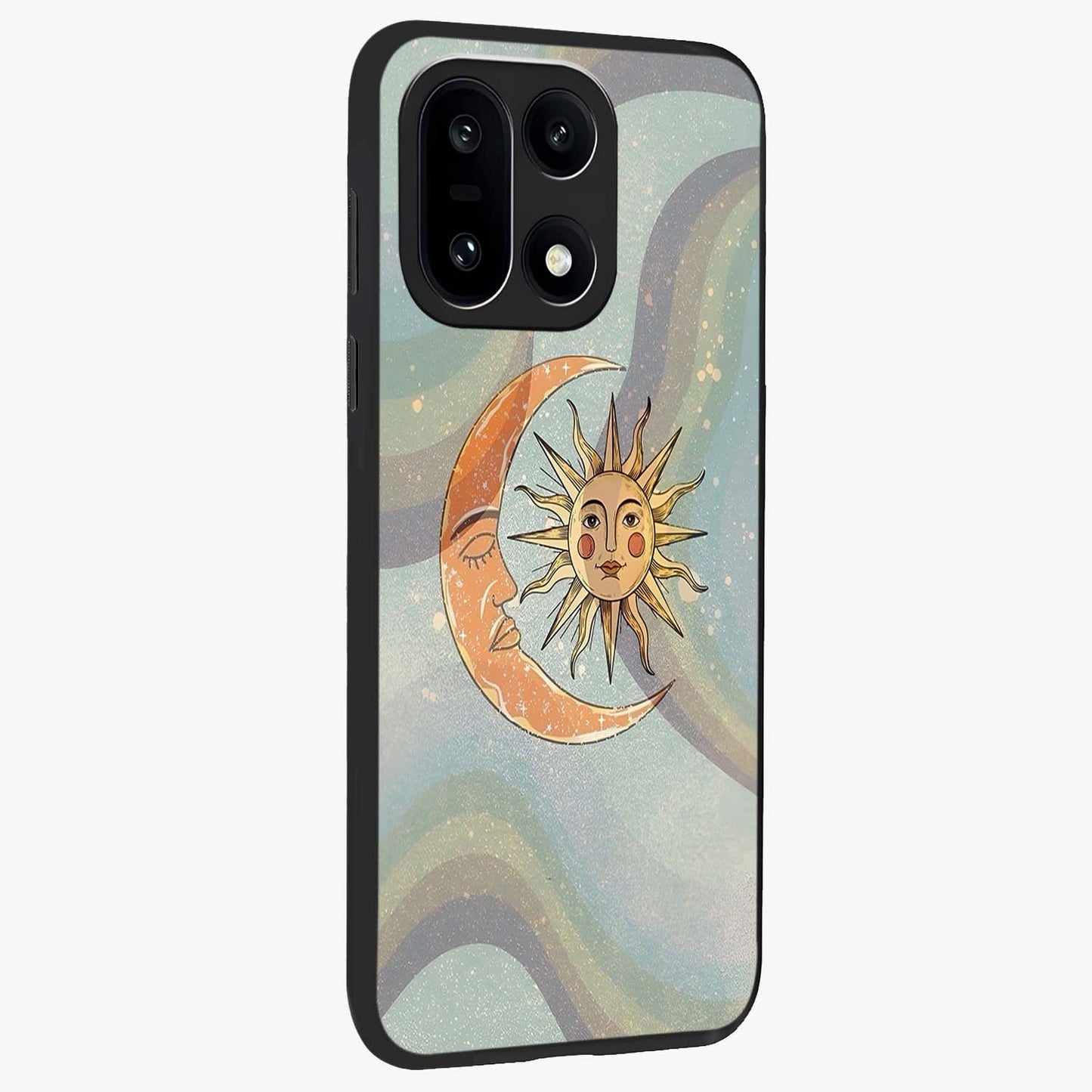 Celestial Harmony Vibes Glass Case for 1+15 side perspective highlighting harmonious detailing and sleek edges