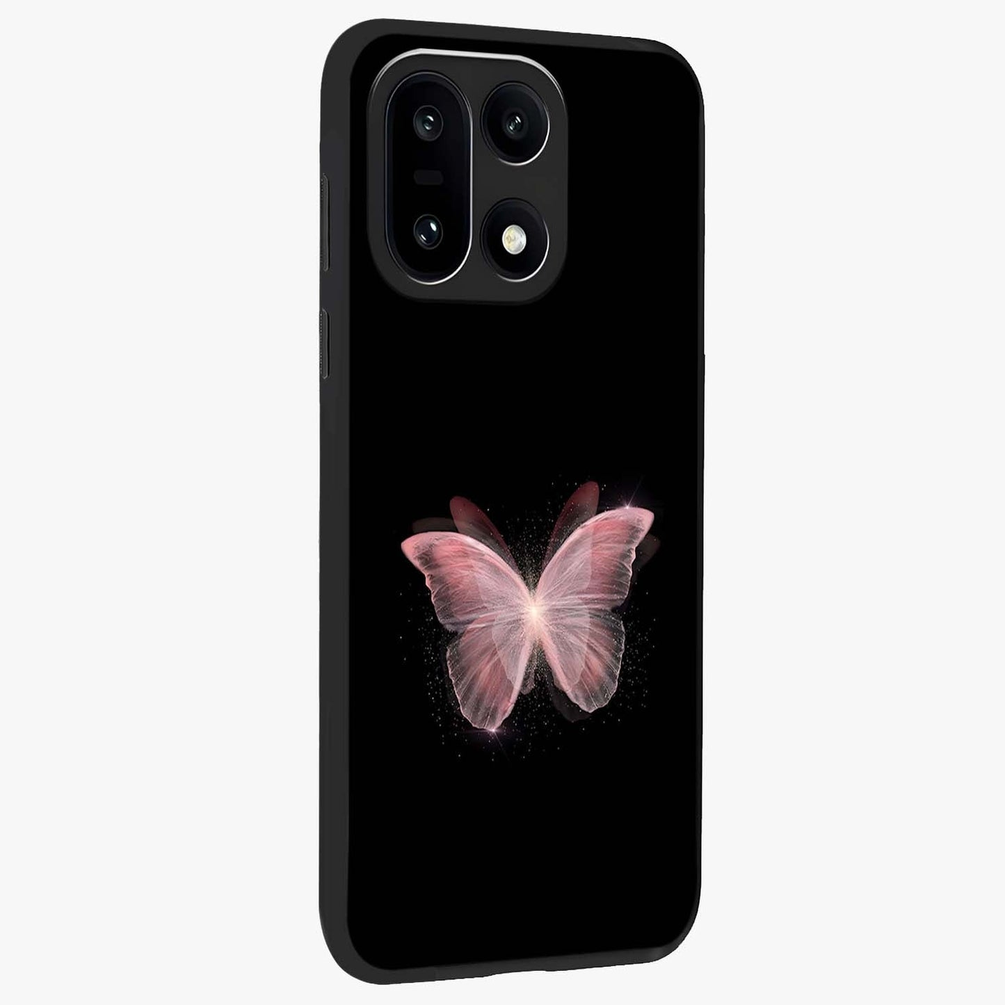 Celestial Wings Butterfly Glass Case for 1+15 side perspective highlighting intricate butterfly textures and smooth edges