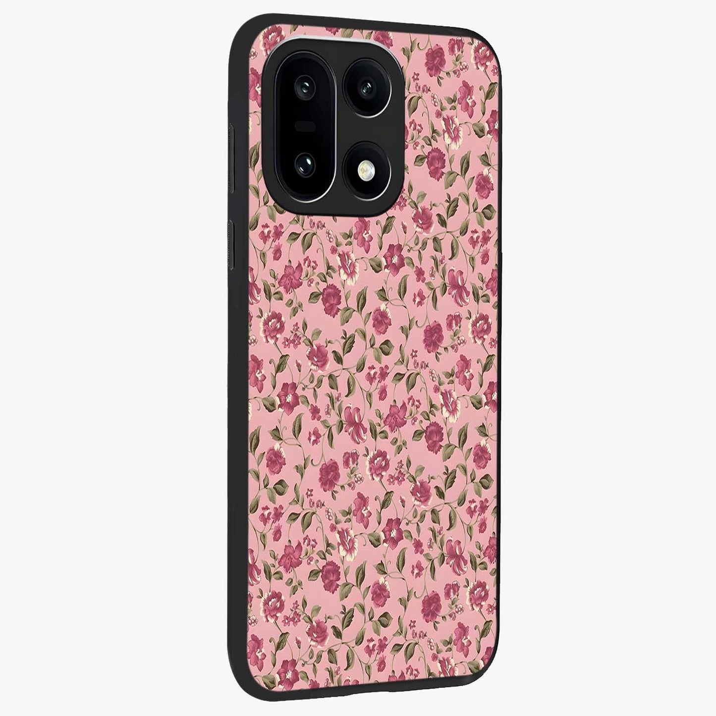 Charming Pink Floral Glass Case for 1+15 side perspective highlighting subtle floral textures and smooth edges