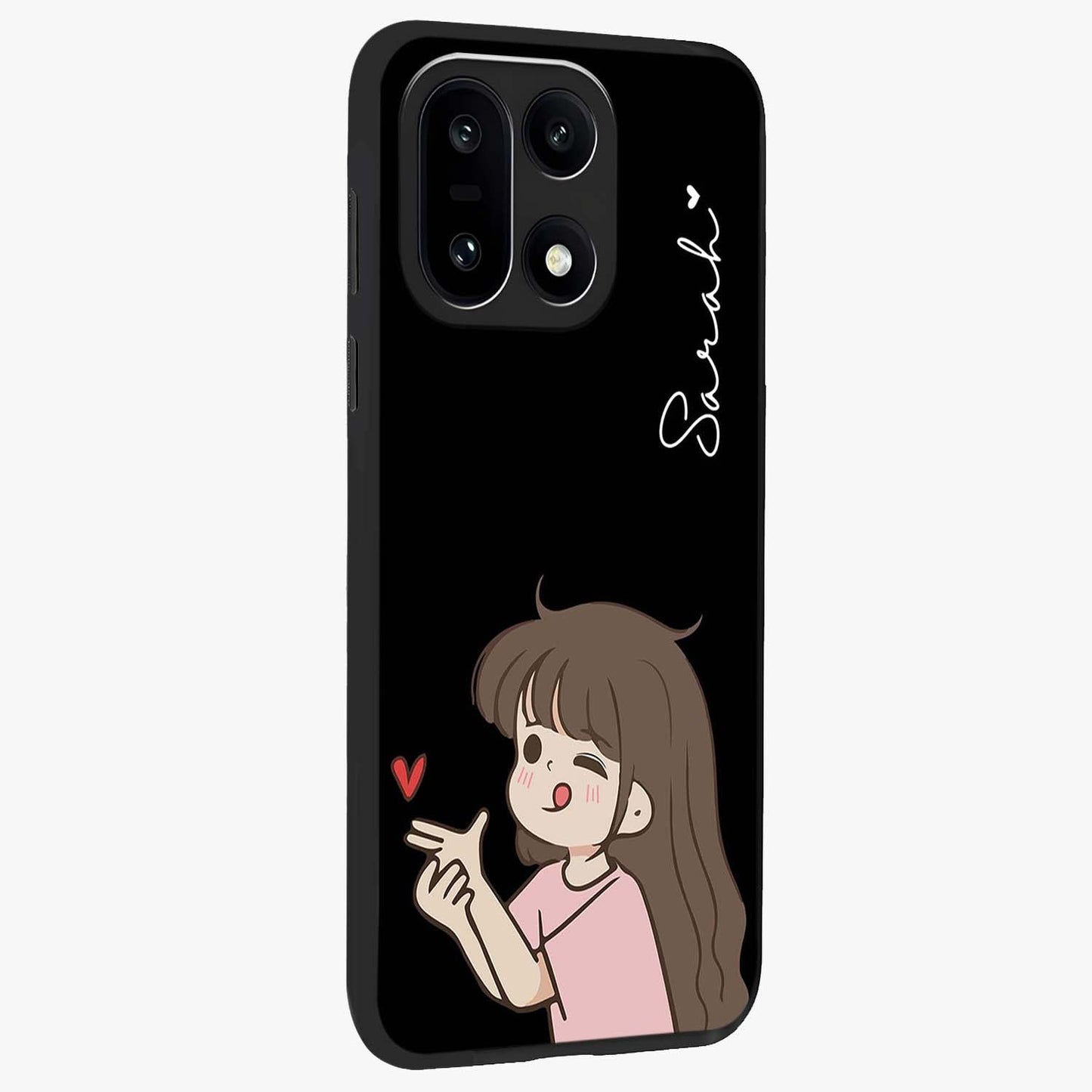 Cute Girl Firing Heart Glass Case for 1+15 side perspective highlighting playful design elements and sleek build