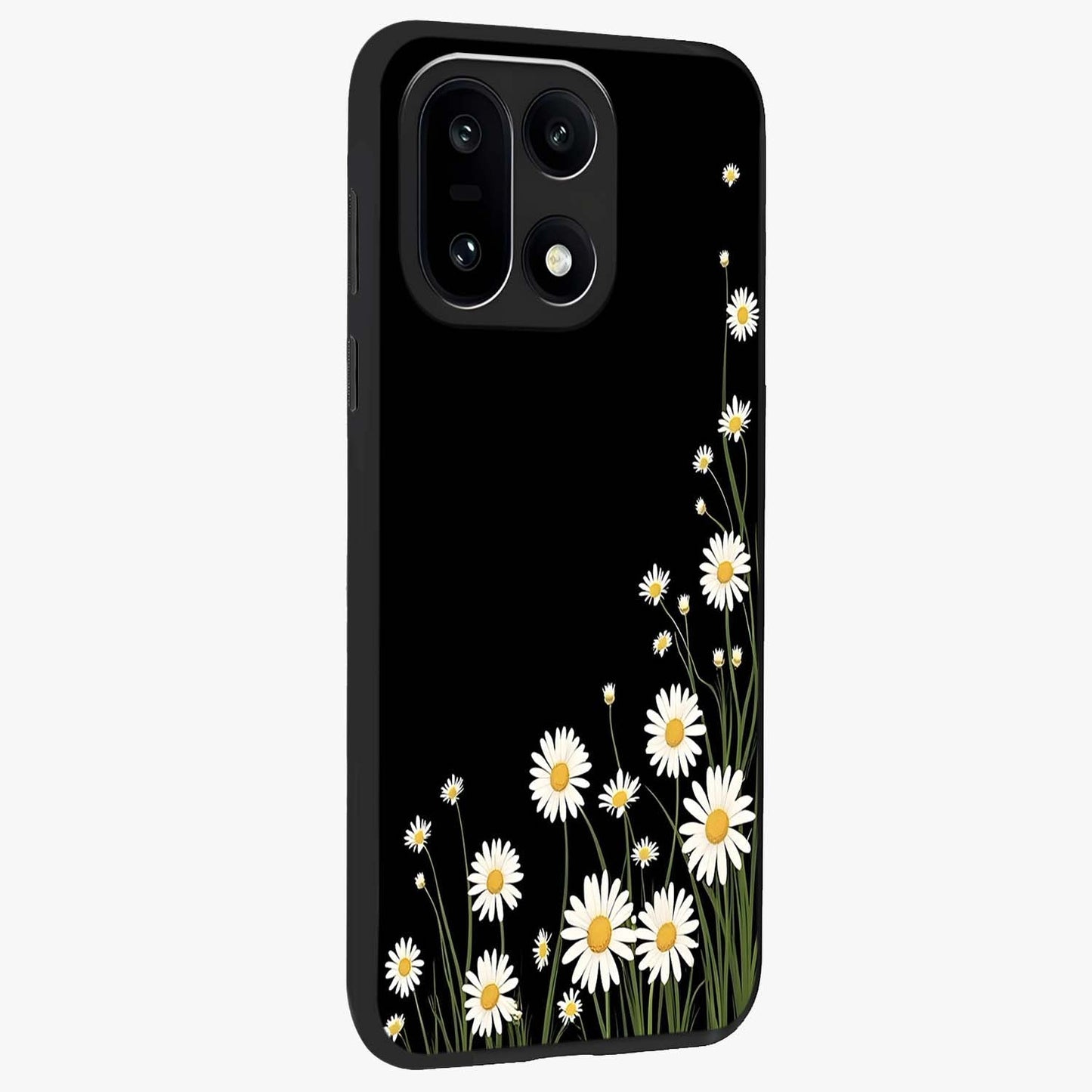 Daisy Cascade on Black Glass Case for 1+15 side perspective highlighting delicate daisy detailing and smooth edges