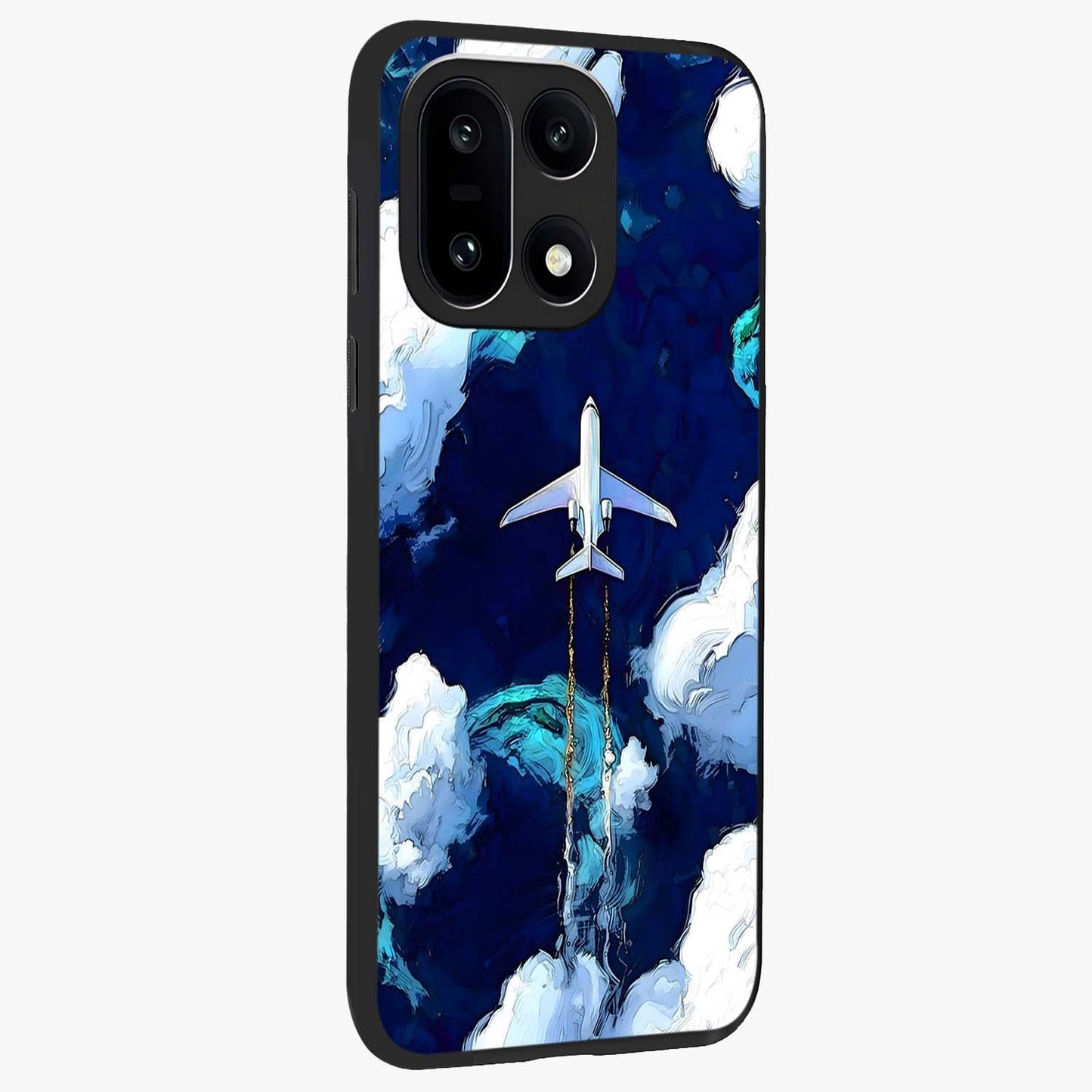 Dark Airplane Glass Case for 1+15 side perspective highlighting sleek aviation detailing and premium build