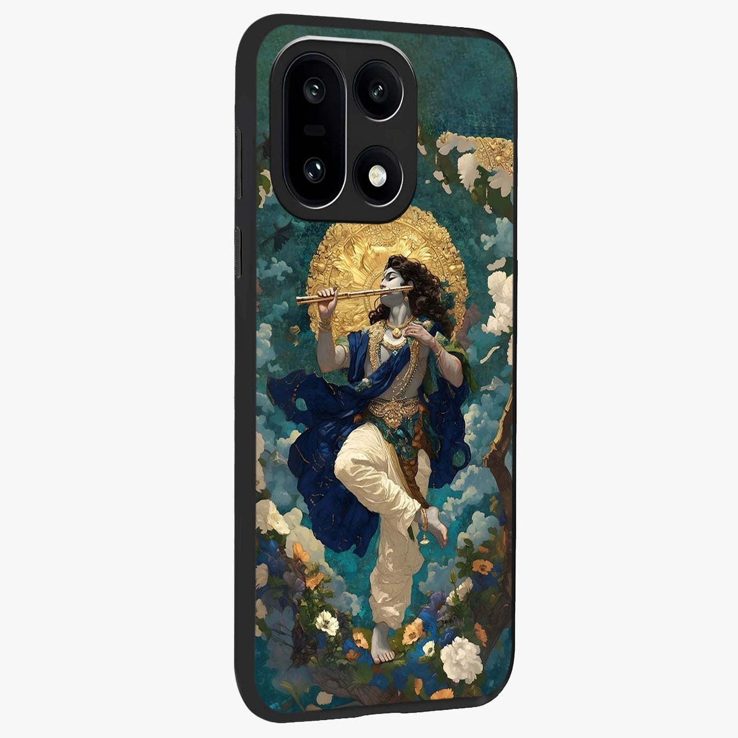 Divine Krishna Art Glass Case for 1+15 side perspective highlighting intricate divine illustration and premium edges