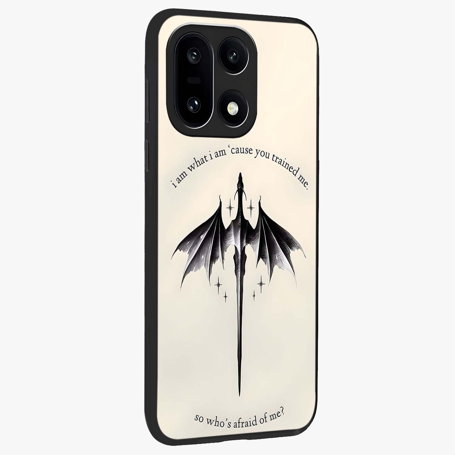 Dragon Quote Art Glass Case for 1+15 side perspective highlighting intricate dragon textures and sleek build