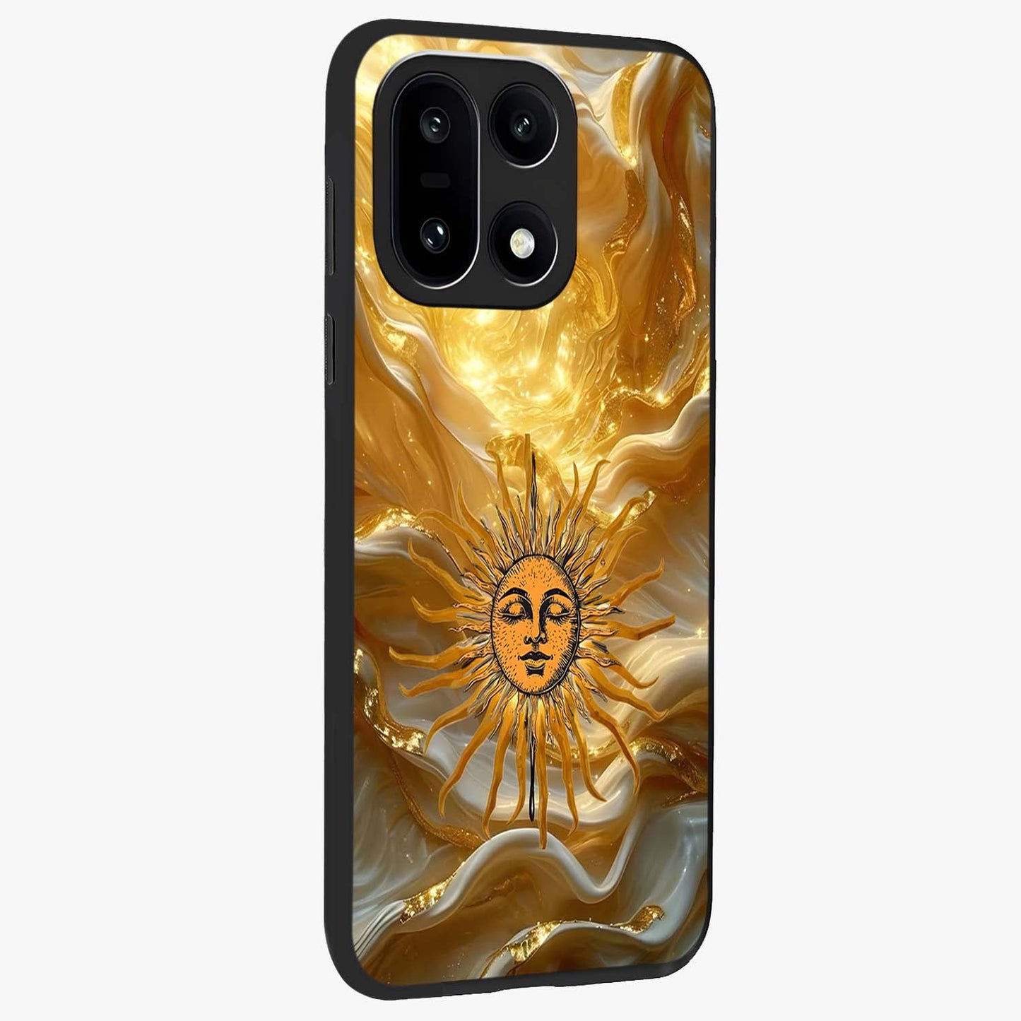 Eternal Golden Glow Glass Case for 1+15 side perspective highlighting rich glow detailing and premium edges