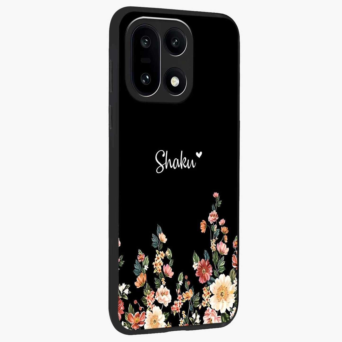 Floral Design With a Custom Personalized Name Glass Case for 1+15 side perspective highlighting custom typography and premium edges