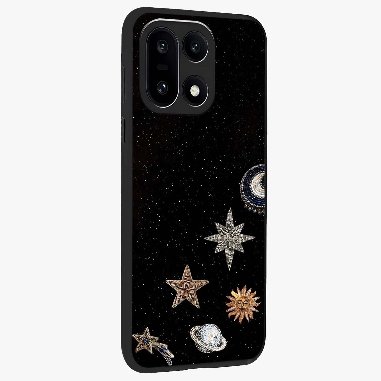 Galactic Charm Glow Glass Case for 1+15 side perspective highlighting vibrant star detailing and sleek premium edges