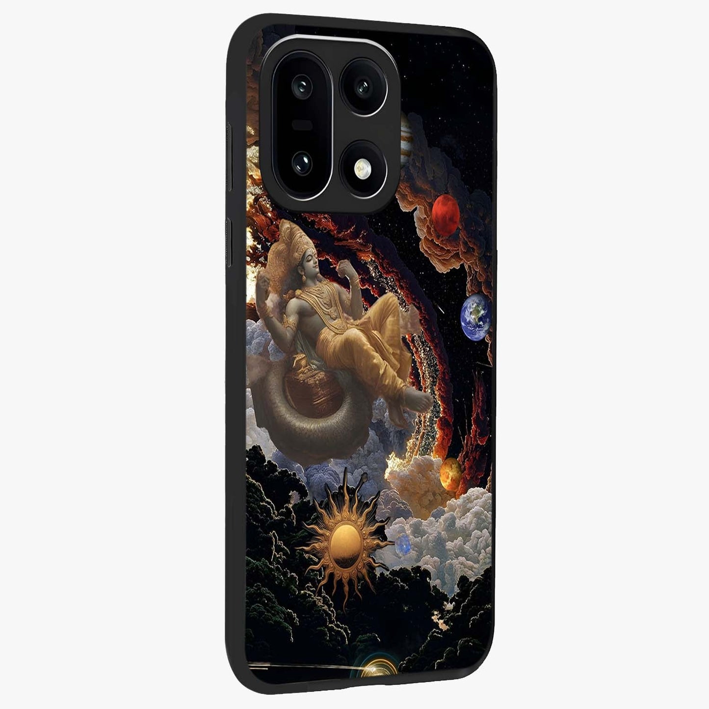 Galactic Divine God Glass Case for 1+15 side perspective highlighting intricate divine detailing and premium edge finish