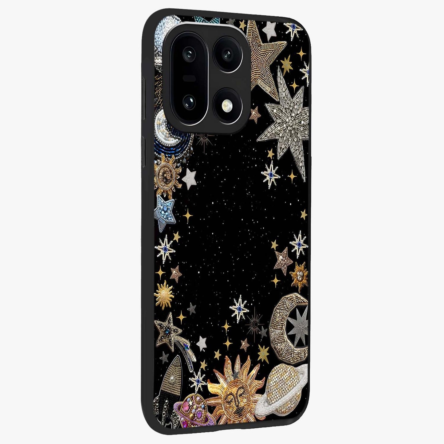 Galactic Jewel Stars Glass Case for 1+15 side perspective highlighting shimmering textures and premium edges