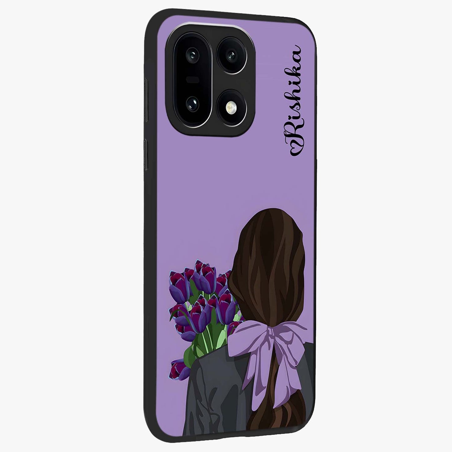 Girl Holding Flowers Glass Case for 1+15 side perspective highlighting delicate floral detailing and premium edges