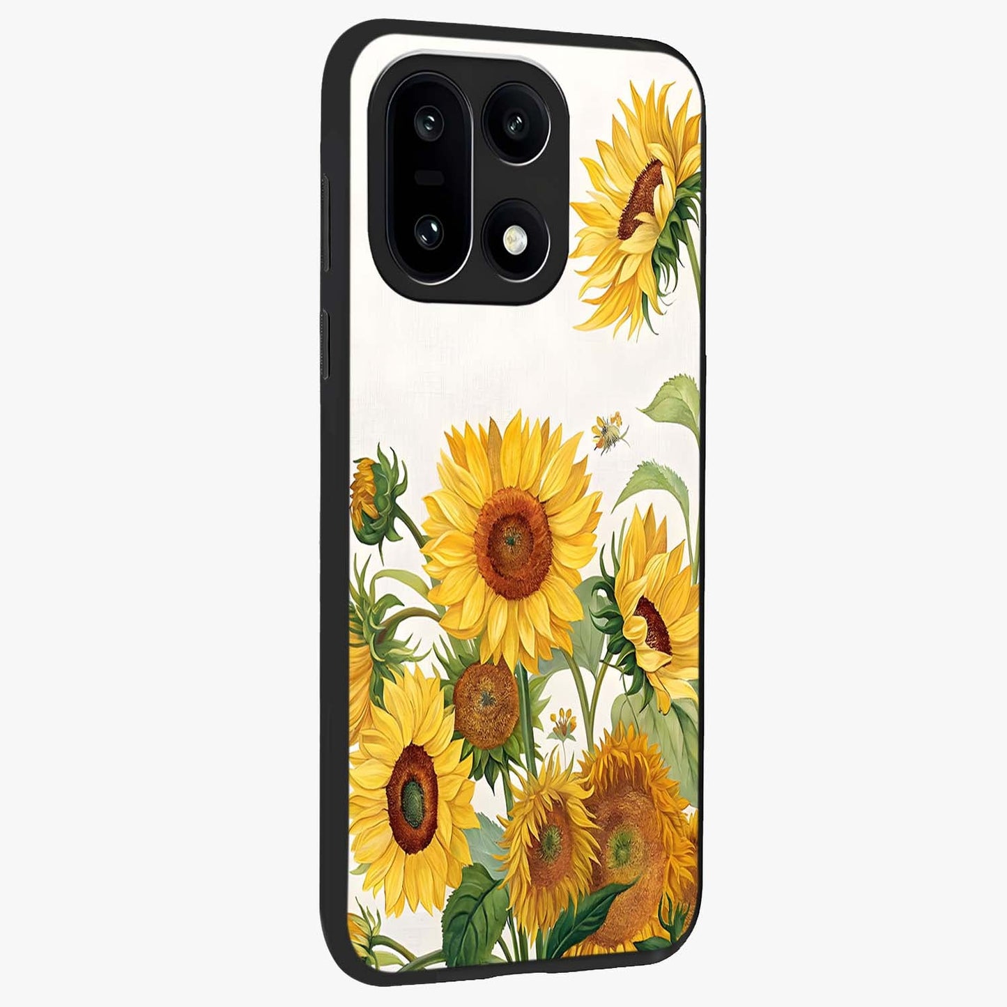Golden Bloom Fields Glass Case for 1+15 side perspective highlighting delicate bloom textures and premium edges